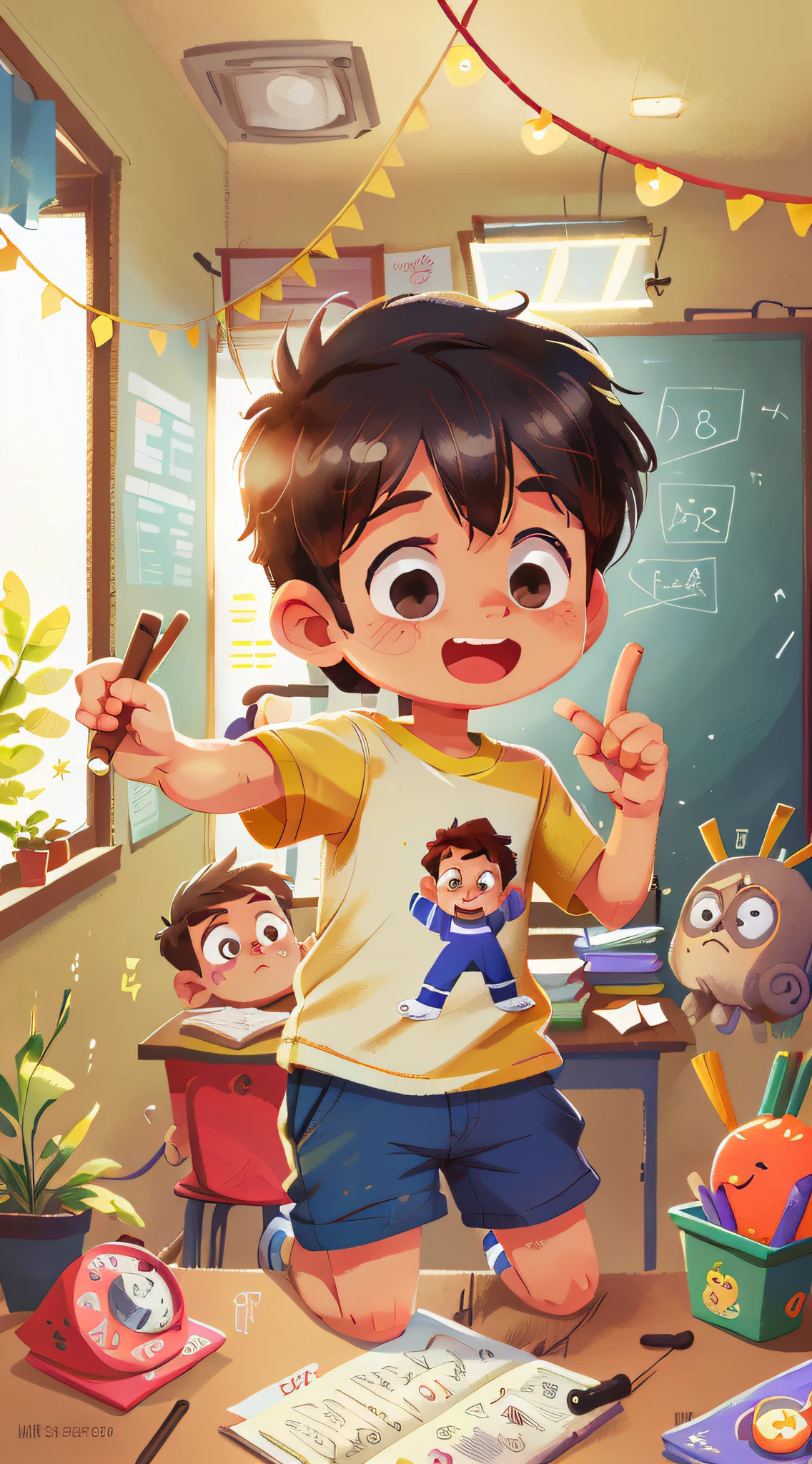 A boy, classroom in Brazil, t-shirt, talking to teacher, happy, perfect quality, clear focus (clutter - house: 0.8), (masterpiece: 1.2) (realistic: 1.2) (bokeh) (best quality) (detailed skin: 1.3) (intricate details) (8K) (detail eyes) (sharp focus), (happy), full body, clean background, long vision composition, 85MM SHOT