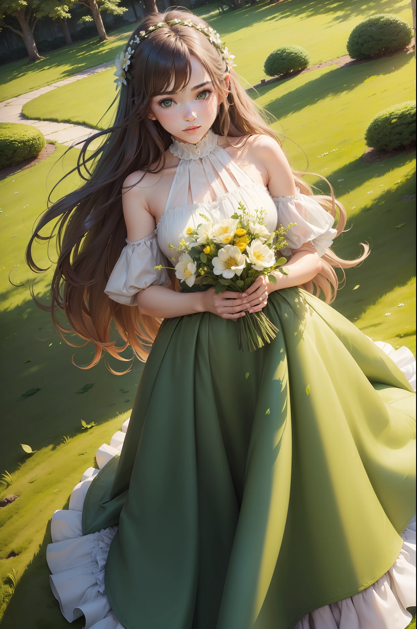 (({whole body}):1.5); (({1 girl}):1.4):{long brown hair; expressive green eyes; fair and flawless skin; radiant smile; wearing floral dress; holding a bouquet of colorful flowers; standing}; {Background: Sunny garden ((with green lawn; leafy trees):1.3); flowers in profusion; blue sky with white clouds}; (romantic style:1.3), high resolution, ((high quality, sharp details):1.3), stunning artwork