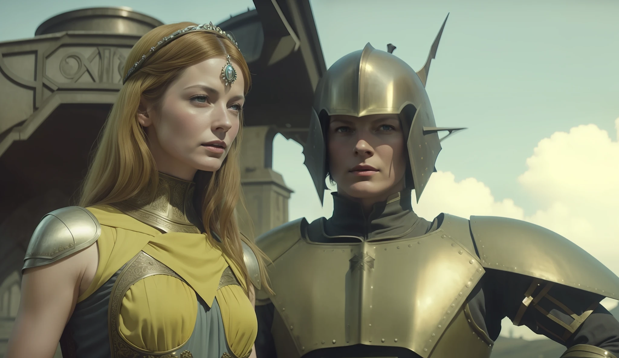 a woman (Caitriona Balfe) in a yellow dress standing next to a man (Sam Heughan) in armor, a matte painting by Jacques Maroger, cgsociety, antipodeans, reimagined by industrial light and magic, movie still, 1970s