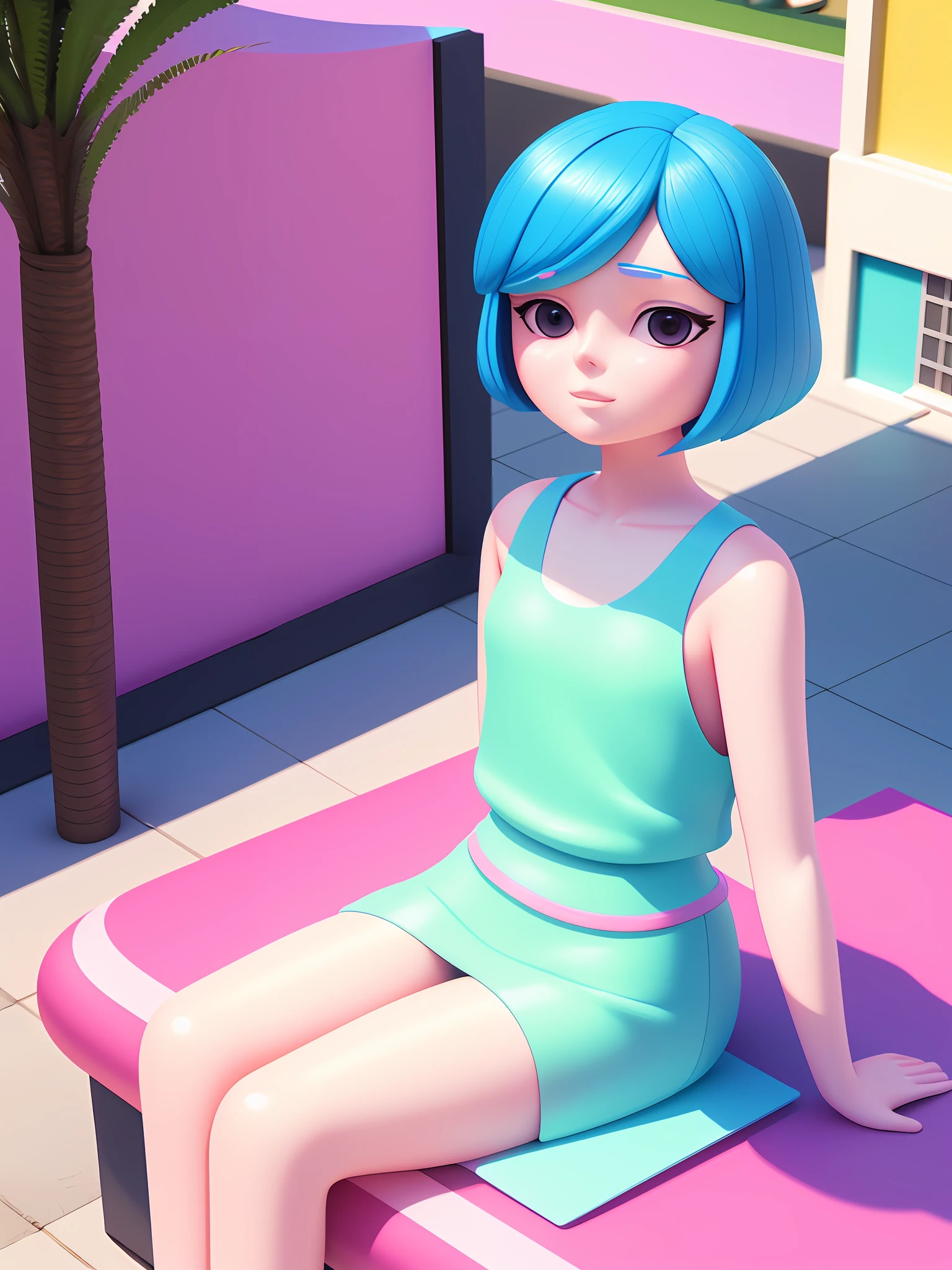 Girl sitting on pool seat, fair skin, delicate face, medium, new pop portrait, fashion illustration, toy core, colorful street scene, realistic, cartoon style rendering, made by Pop Mart: pastel color, blind box toy, fine gloss, clean background, C4D, blender, 3d rendering. Octane rendering.