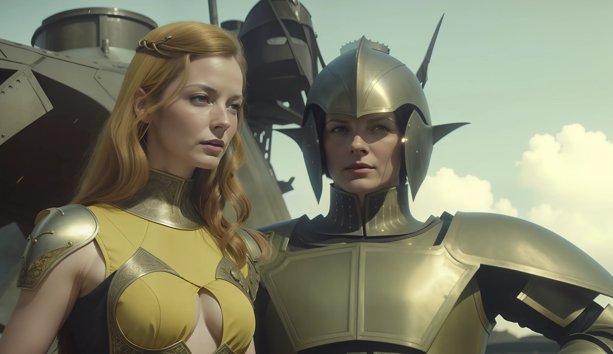 a woman (Caitriona Balfe) in a yellow dress standing next to a man (Sam Heughan) in armor, a matte painting by Jacques Maroger, cgsociety, antipodeans, reimagined by industrial light and magic, movie still, 1970s