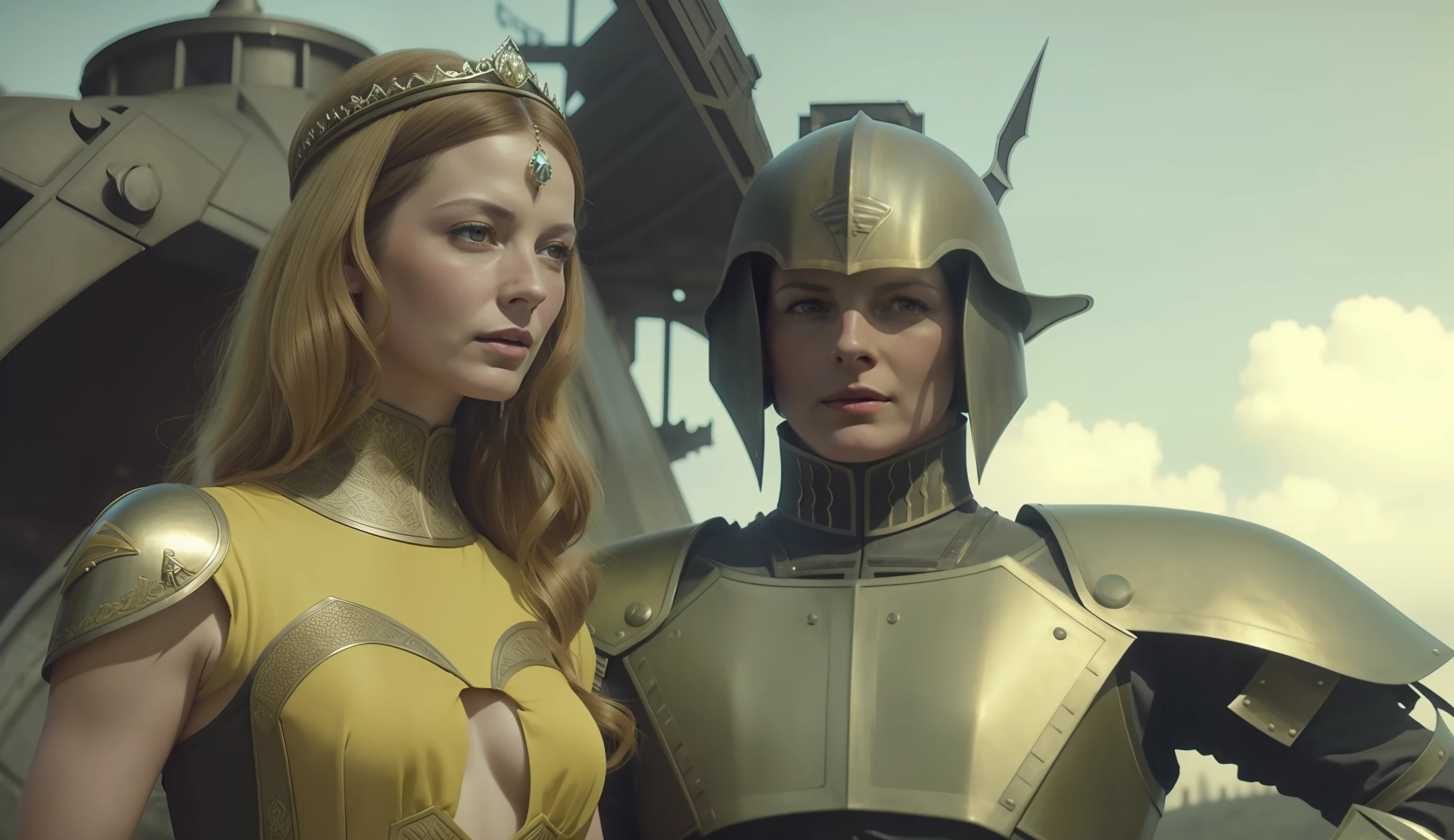 a woman (Caitriona Balfe) in a yellow dress standing next to a man (Sam Heughan) in armor, a matte painting by Jacques Maroger, cgsociety, antipodeans, reimagined by industrial light and magic, movie still, 1970s