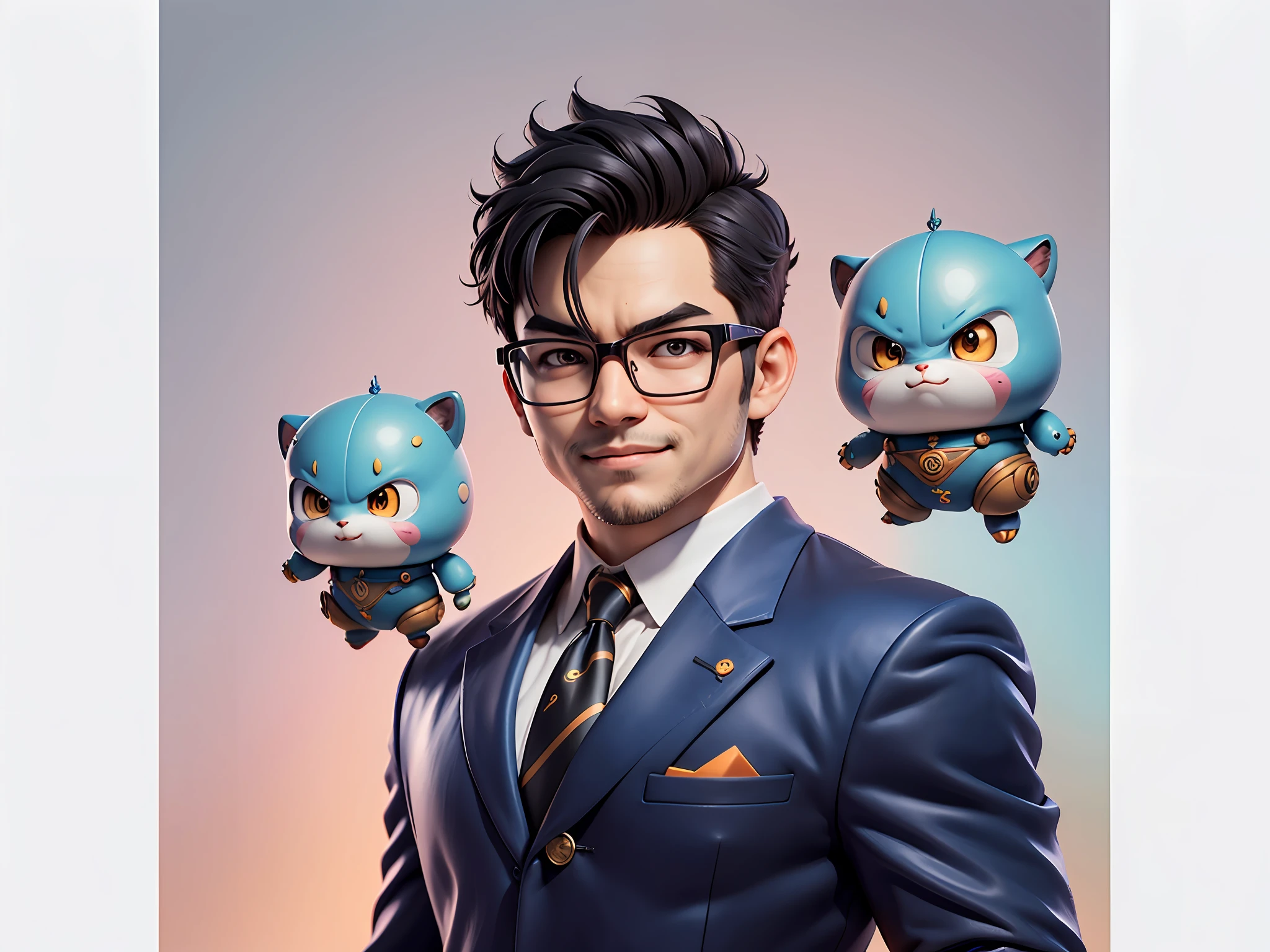 (Masterpiece), (Excellent), (Super Meticulous), (Full Body: 1.2), Super Young Man, Oriental Face, Japanese Wind and Thunder, Dragon, Tiger, TV Anchor, Bust Portrait Illustration, Alone, Black Suit, Blue Tie, Slightly Chubby Face, Silver Glasses, Very Clean Face, No Beard, Black Super Short Hair, Black Eyes, Confident Smile, 3c Computer Sub-Products, iPad, iPhone, Digital Painting, 3D Character Design by Akira Toriyama and Mark Claireden and Pixar and Hayao Miyazaki, The illustration is a high-definition illustration in 4K resolution with very detailed facial features and cartoon-style visuals.