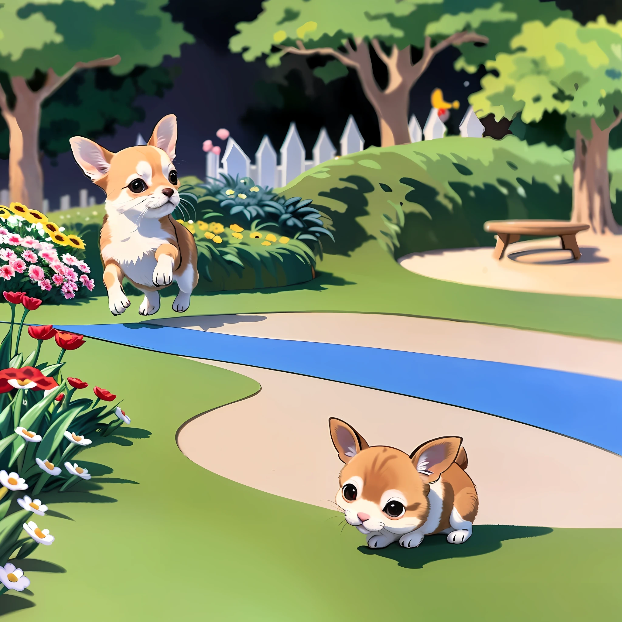 (masterpiece, best quality: 1.2, highest quality), negative space, drawing without coloring, Pixar and Disney style, a small and cute chihuahua dog running, has a small and cute cat running, has a small and cute rabbit in the garden, running, environment is a garden with trees and flowers