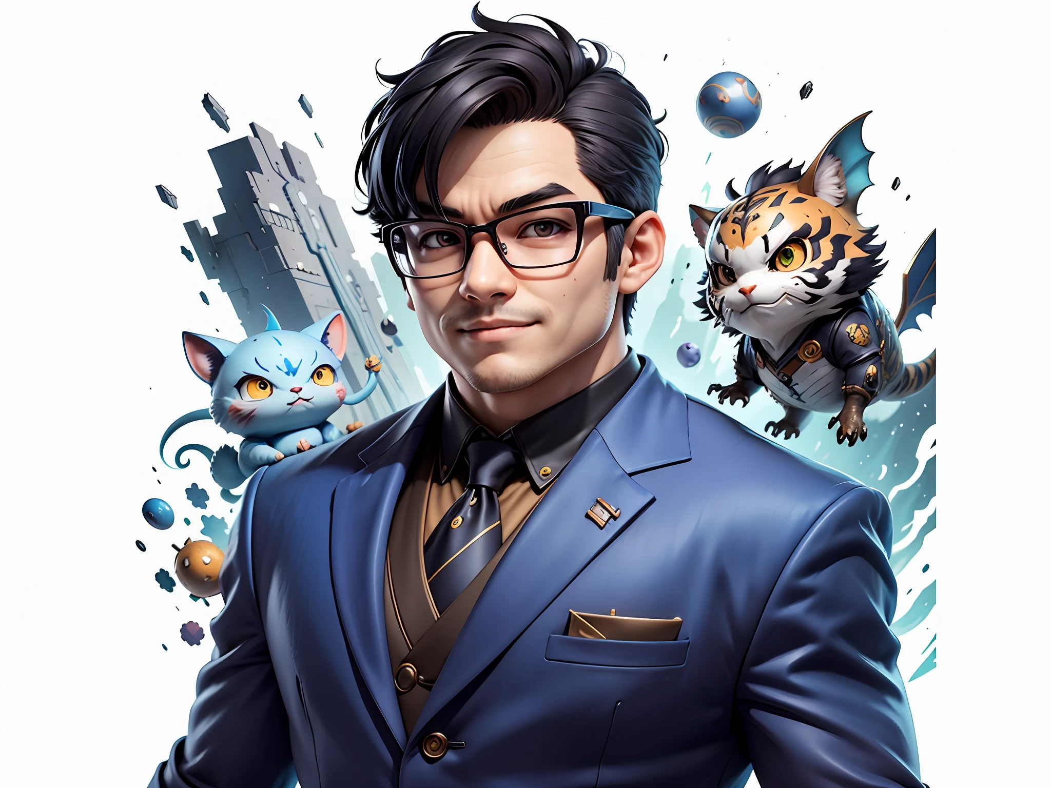(Masterpiece), (Excellent), (Super Meticulous), (Full Body: 1.2), Super Young Man, Oriental Face, Japanese Wind and Thunder, Dragon, Tiger, TV Anchor, Bust Portrait Illustration, Alone, Black Suit, Blue Tie, Slightly Chubby Face, Silver Glasses, Very Clean Face, No Beard, Black Super Short Hair, Black Eyes, Confident Smile, 3c Computer Sub-Products, iPad, iPhone, Digital Painting, 3D Character Design by Akira Toriyama and Mark Claireden and Pixar and Hayao Miyazaki, The illustration is a high-definition illustration in 4K resolution with very detailed facial features and cartoon-style visuals.