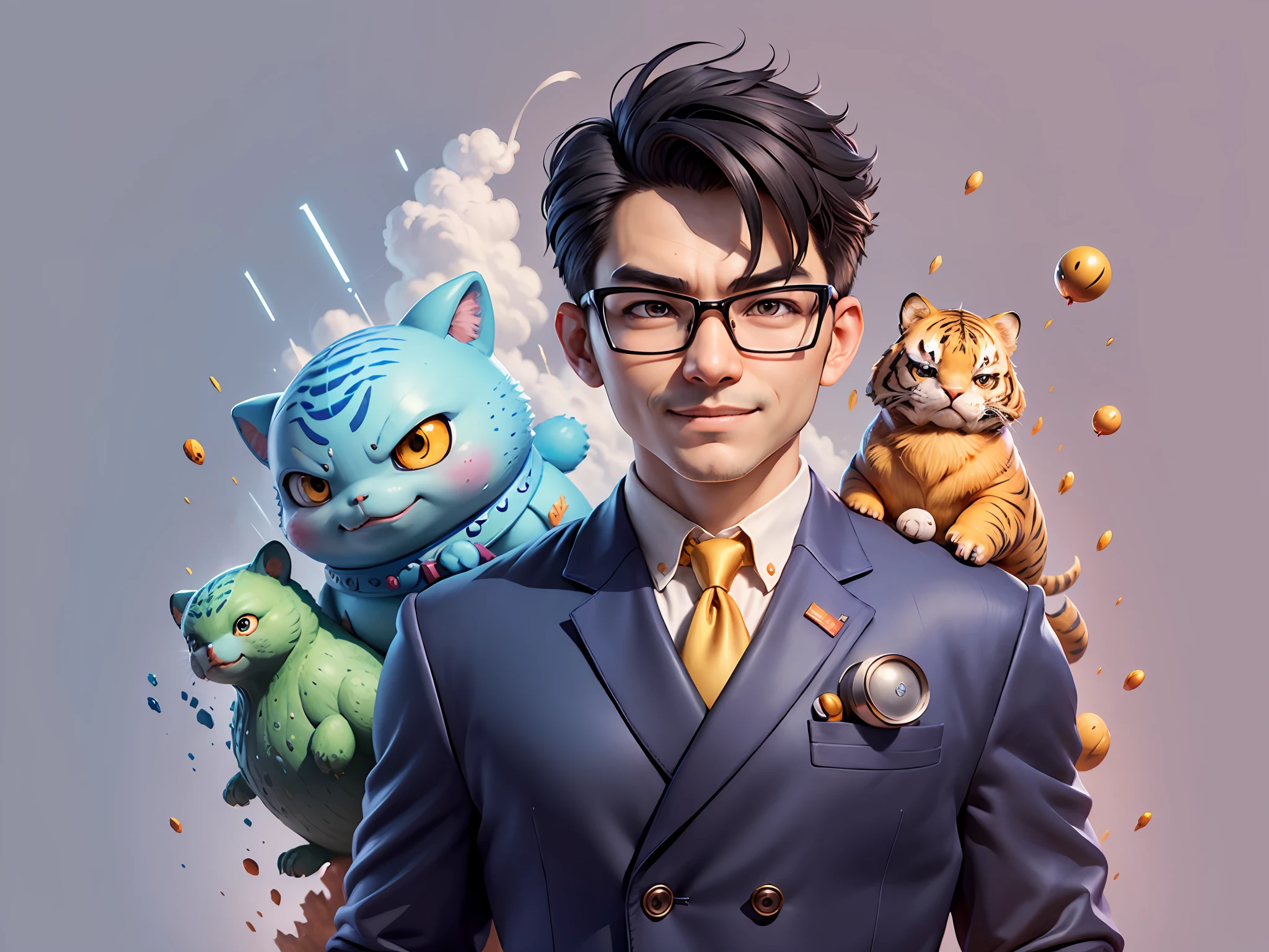 (Masterpiece), (Excellent), (Super Meticulous), (Full Body: 1.2), Super Young Man, Oriental Face, Japanese Wind and Thunder, Dragon, Tiger, TV Anchor, Bust Portrait Illustration, Alone, Black Suit, Blue Tie, Slightly Chubby Face, Silver Glasses, Very Clean Face, No Beard, Black Super Short Hair, Black Eyes, Confident Smile, 3c Computer Sub-Products, iPad, iPhone, Digital Painting, 3D Character Design by Akira Toriyama and Mark Claireden and Pixar and Hayao Miyazaki, The illustration is a high-definition illustration in 4K resolution with very detailed facial features and cartoon-style visuals.