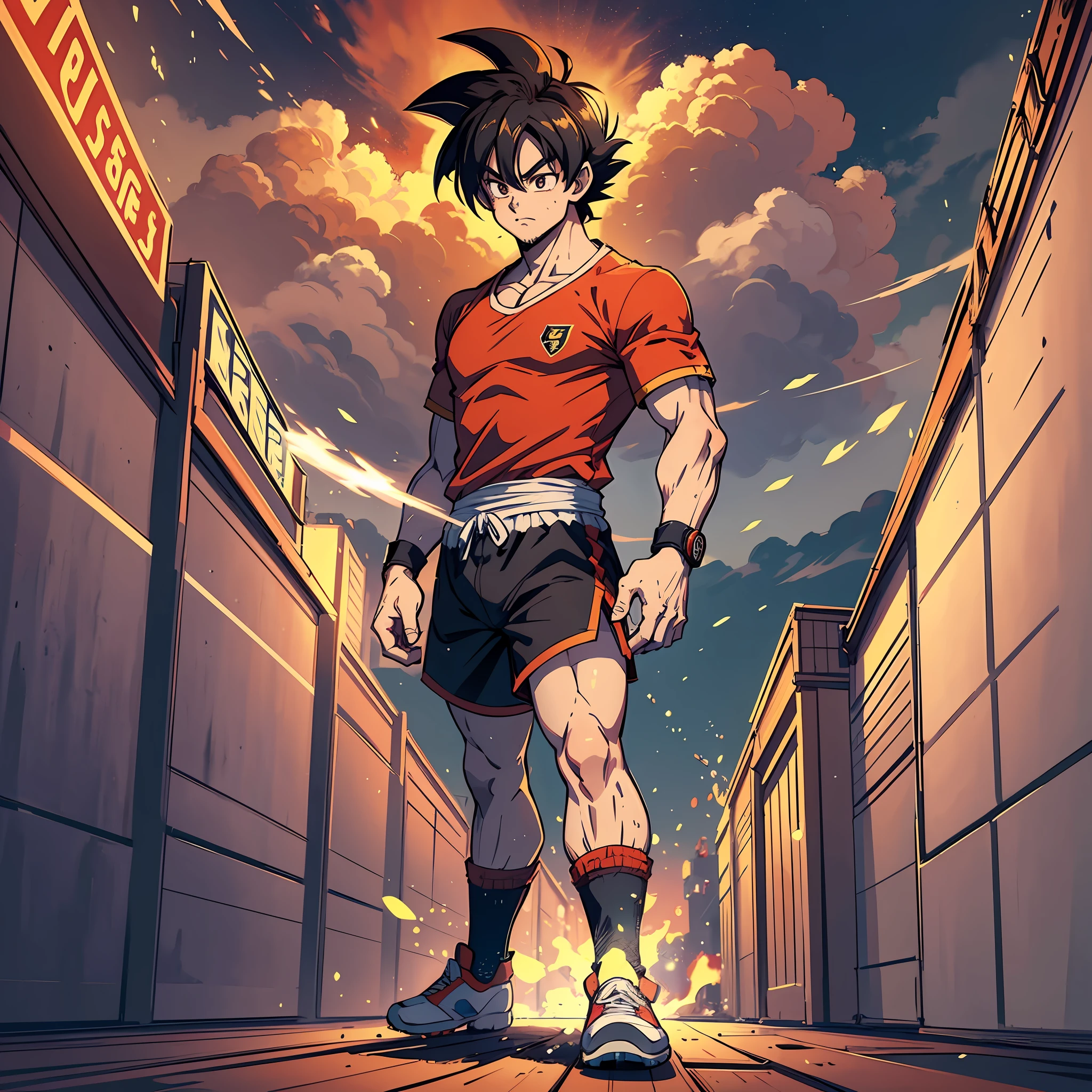 goku, best quality, masterpiece, super high resolution, realism, illustrations, single, 1 boy, soccer field, volumetric lighting, full body, facial hair, full body, full body, standing posture, with hands on waist, soccer player, totally blood red shirt and red shorts with black detail --auto --s2