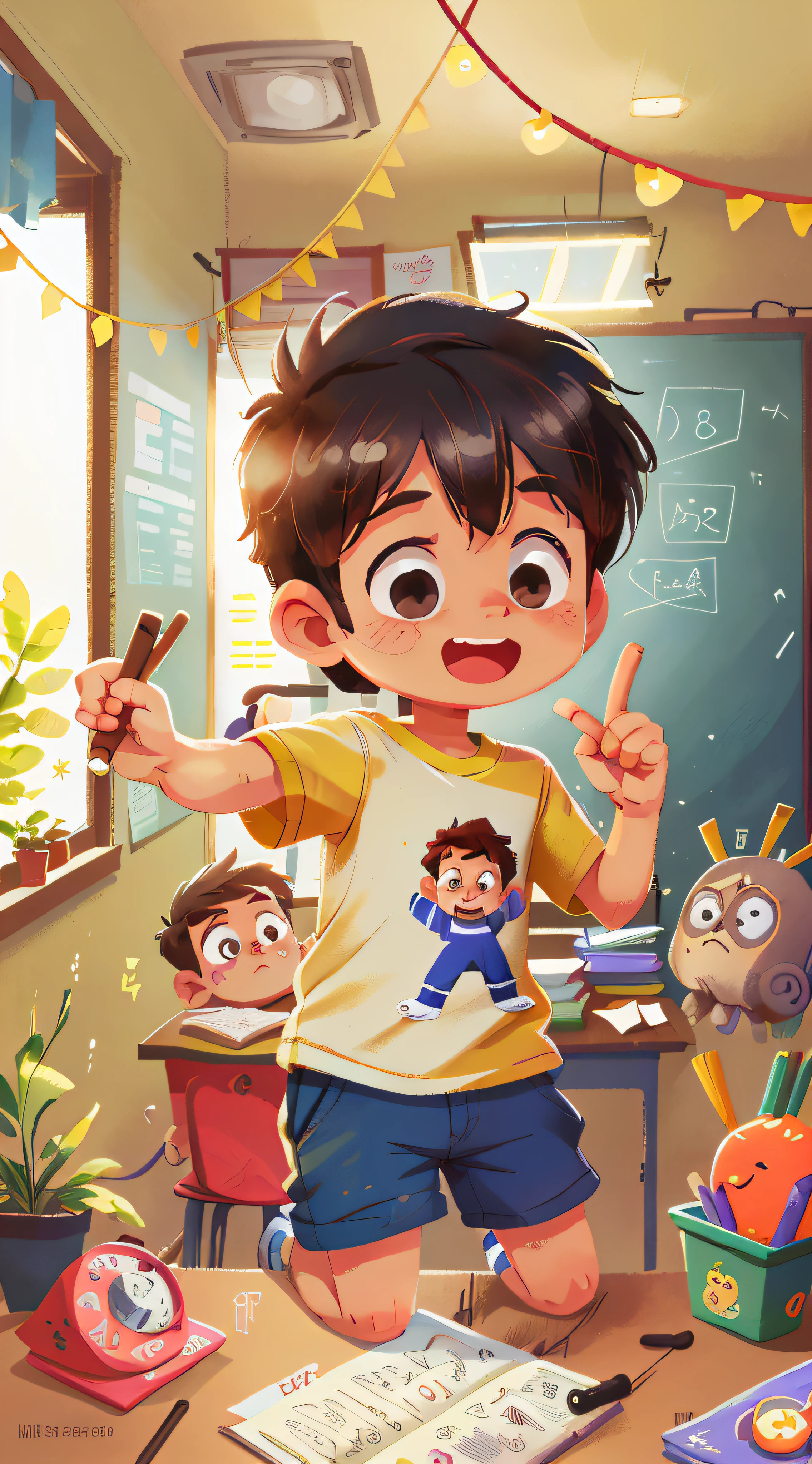 A boy, classroom in Brazil, t-shirt, talking to teacher, happy, perfect quality, clear focus (clutter - house: 0.8), (masterpiece: 1.2) (realistic: 1.2) (bokeh) (best quality) (detailed skin: 1.3) (intricate details) (8K) (detail eyes) (sharp focus), (happy), full body, clean background, long vision composition, 85MM SHOT