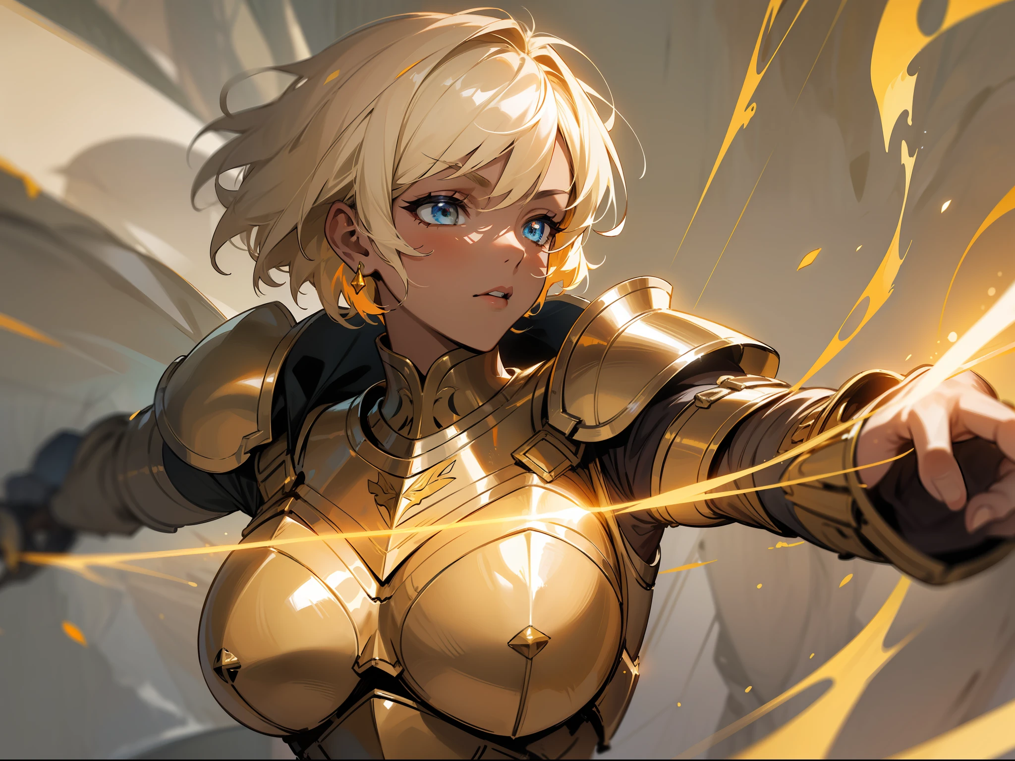 masterpiece, best quality, mature woman, light beige short hair, dark skin, light eyes, paladin, orange golden heavy armor, breastplate, large shoulder pads, fantasy, medieval, in a battle arena, dynamic pose, beautiful detailed glow.