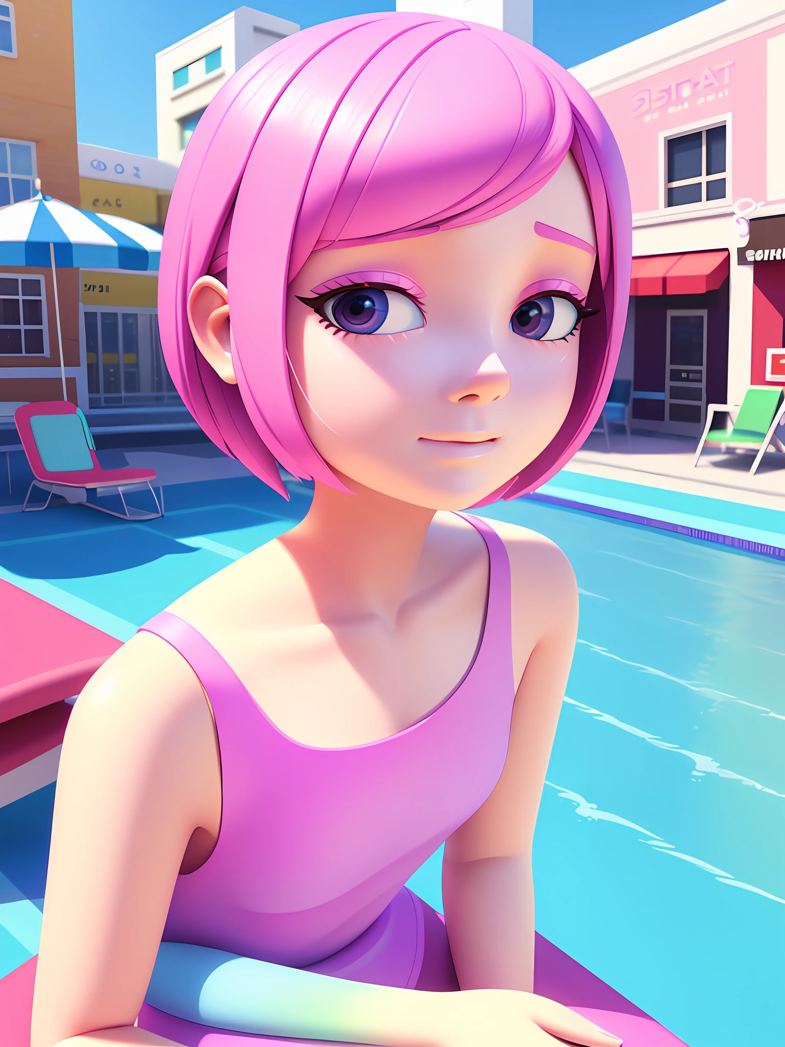 Girl sitting on pool seat, fair skin, delicate face, medium, new pop portrait, fashion illustration, toy core, colorful street scene, realistic, cartoon style rendering, made by Pop Mart: pastel color, blind box toy, fine gloss, clean background, C4D, blender, 3d rendering. Octane rendering.