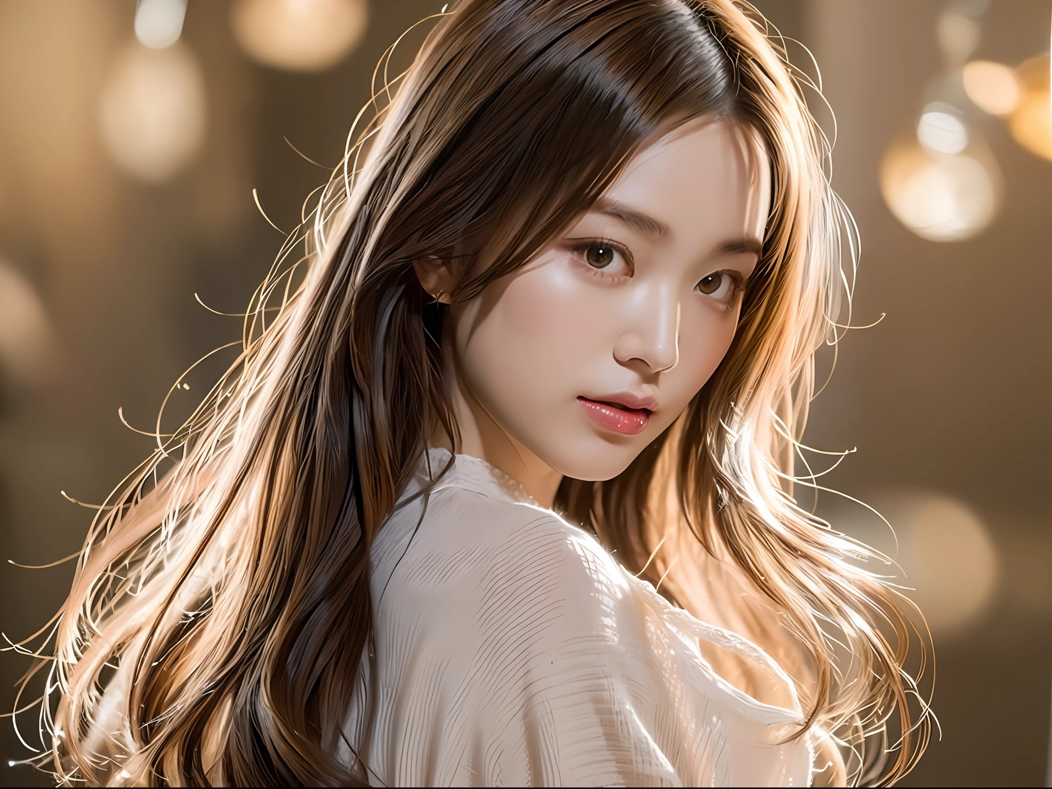 (8k, highest quality, masterpiece: 1.2), (hair_style), (realistic, photorealistic: 1.37), plump eyes, highest quality, masterpiece, standing in front of a white wall, [small breasts], professional lighting, shooting the whole body of the subject from a distance, angle from behind, shot in natural light from morning to noon, fashion style of Japan trend in 2023, real, Super detail, 30s, actress, elaborate CG, slender, hairstyle is straight straight hair, delicate skin type, emphasizes hair luster,