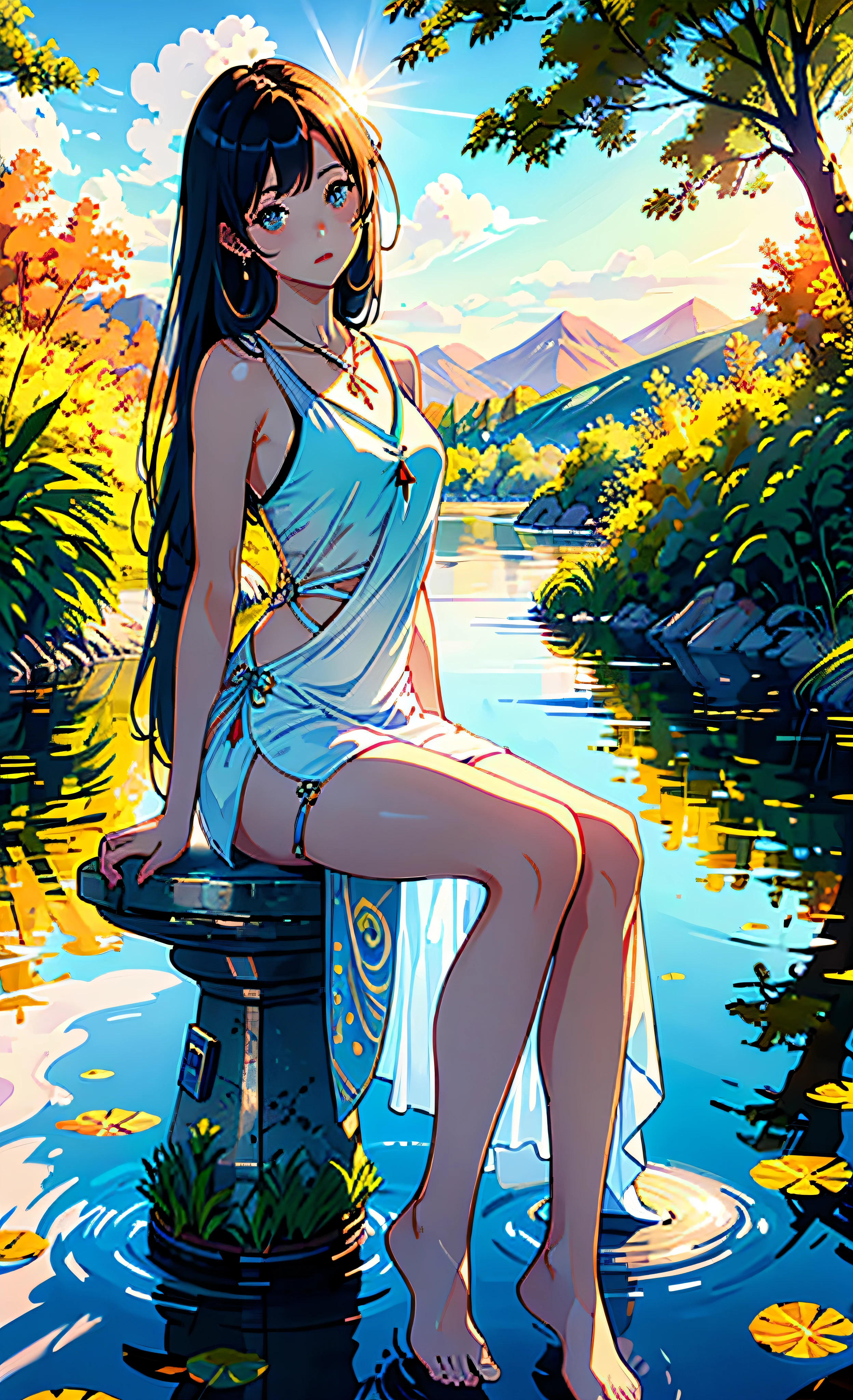 1 girl, serene expression, mesmerizing eyes, straight long hair, flowing dress, poised posture, porcelain skin, subtle blush, crystal pendant
BREAK
golden hour, (rim lighting):1.2, warm tones, sun flare, soft shadows, vibrant colors, painterly effect, dreamy atmosphere
BREAK
scenic lake, distant mountains, willow tree, calm water, reflection, sunlit clouds, peaceful ambiance, idyllic sunset, ultra detailed, official art, unity 8k wallpaper
, zentangle, mandala