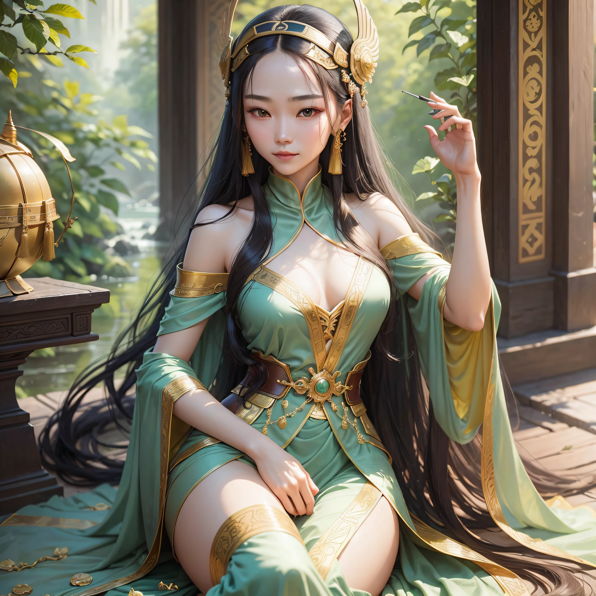The ancient beauty Xiaowen smiled and brushed her forehead with a slender jade hand, her long hair shawl was naturally delicate and graceful, and the ancient soldier's helmet was deliberately blurred with gold covering, and the whole body was delicate in details, as if she was in the river of time. --auto --s2