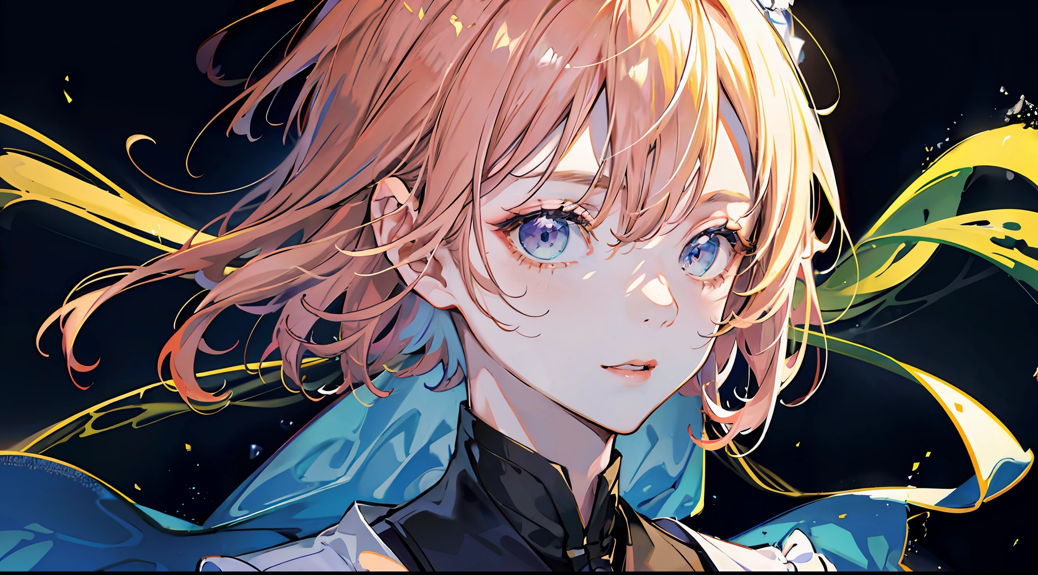 marin kitagawa with modern fashion, looking at viewer, 8k, ultra detailed, pixiv, solo, suit, long hair, blurry, neckerchief, blonde hair, shirt, outdoors, floating hair, long sleeves, white shirt, bangs, upper body, close mouth, wind, blurry background, day, depth of field, bug
