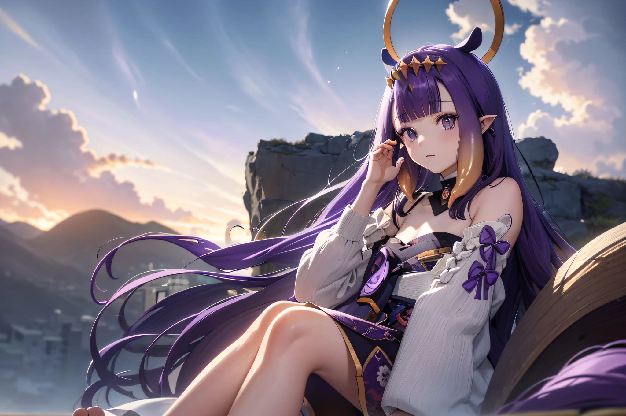(人物: Ninomae Ina'Nis), {purple hair}, tentacle hair, purple eyes, a golden tiara, absurdres, highres, (official art, beautiful and aesthetic:1.2), close view,
shining sky, vast world, girl, gazing, awe-inspiring expression, distant horizon, clouds, high hill, natural beauty, inspiration, light effects,