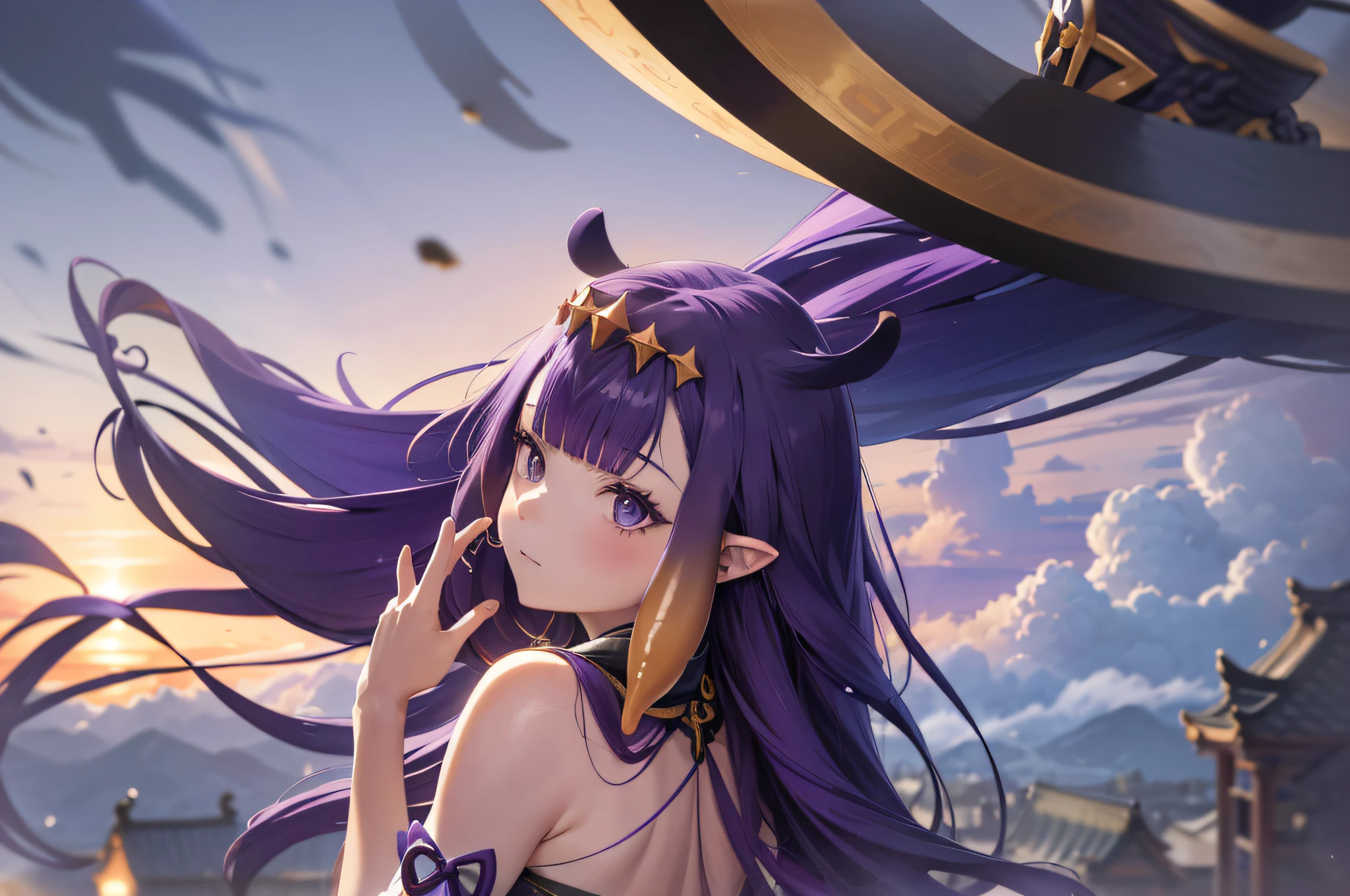 (人物: Ninomae Ina'Nis), {purple hair}, tentacle hair, purple eyes, a golden tiara, absurdres, highres, (official art, beautiful and aesthetic:1.2), close view,
shining sky, vast world, girl, gazing, awe-inspiring expression, distant horizon, clouds, high hill, natural beauty, inspiration, light effects,