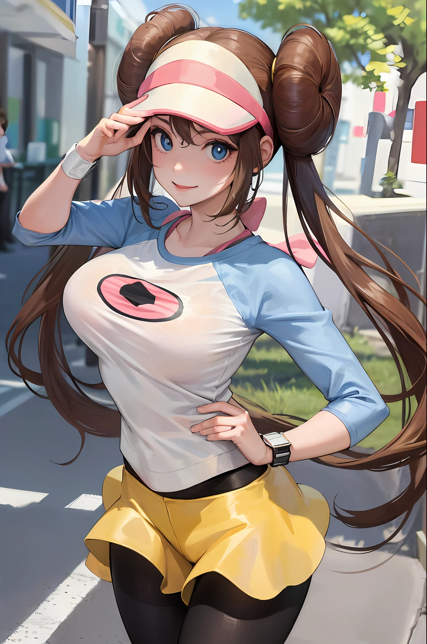 masterpiece, sharp focus, realistic, ultra detailed, beautiful girl, (sidelight:1.2), smile, ro1, hair bun, blue eyes, twintails, visor cap, pantyhose, raglan sleeves, yellow shorts, shirt, pink bow, wristwatch