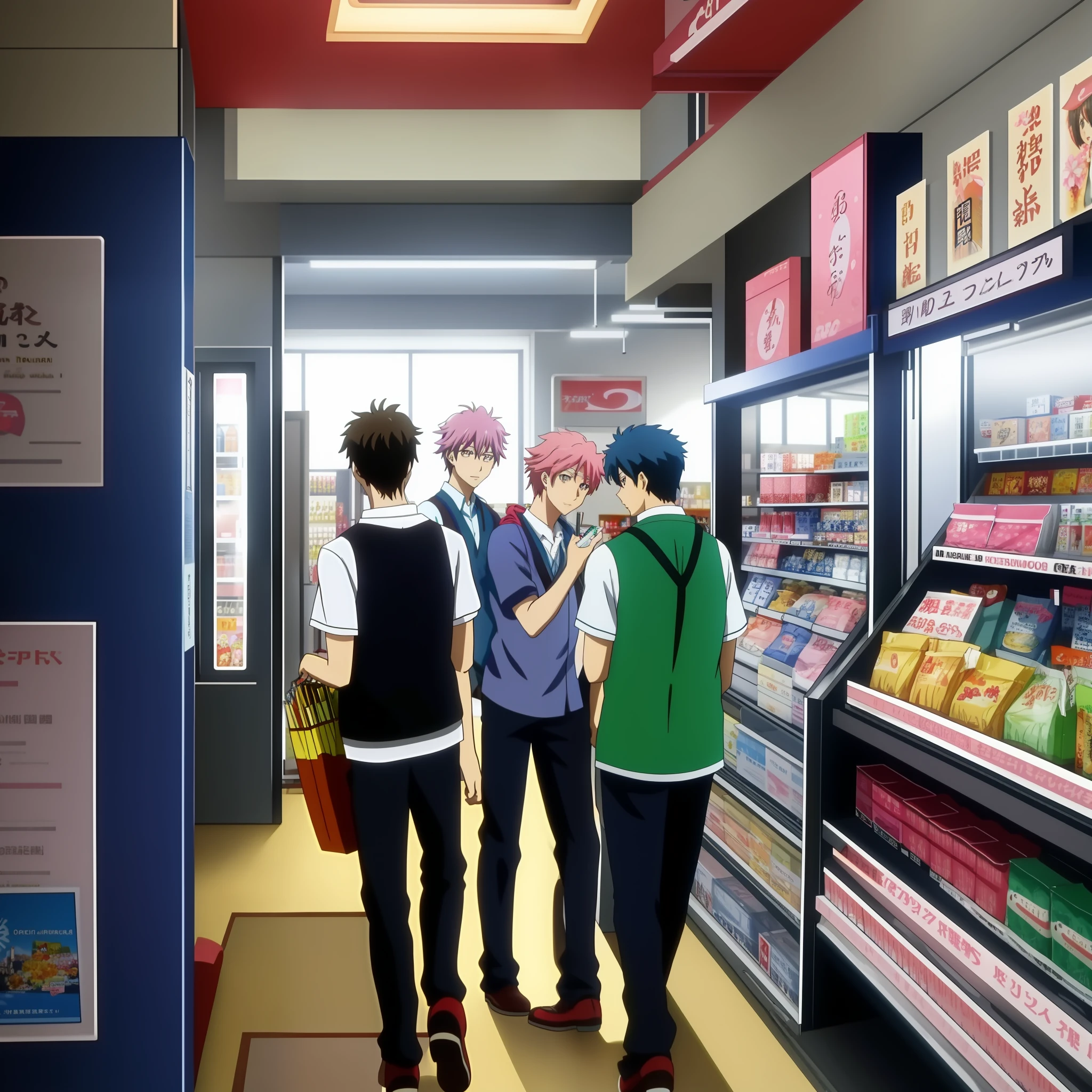 inspired by Okumura Masanobu, inspired by Okumura Togyu, anime characters in a shop with a pink haired woman holding a box talking to two men, convenience store, sankakucomplex anime image, official anime still, still tv anime, yowamushi pedal, today's anime featured still, kyoto animation still, anime movie screenshot, Official illustration, opening scene, high quality anime movie yet, anime still, 8K!