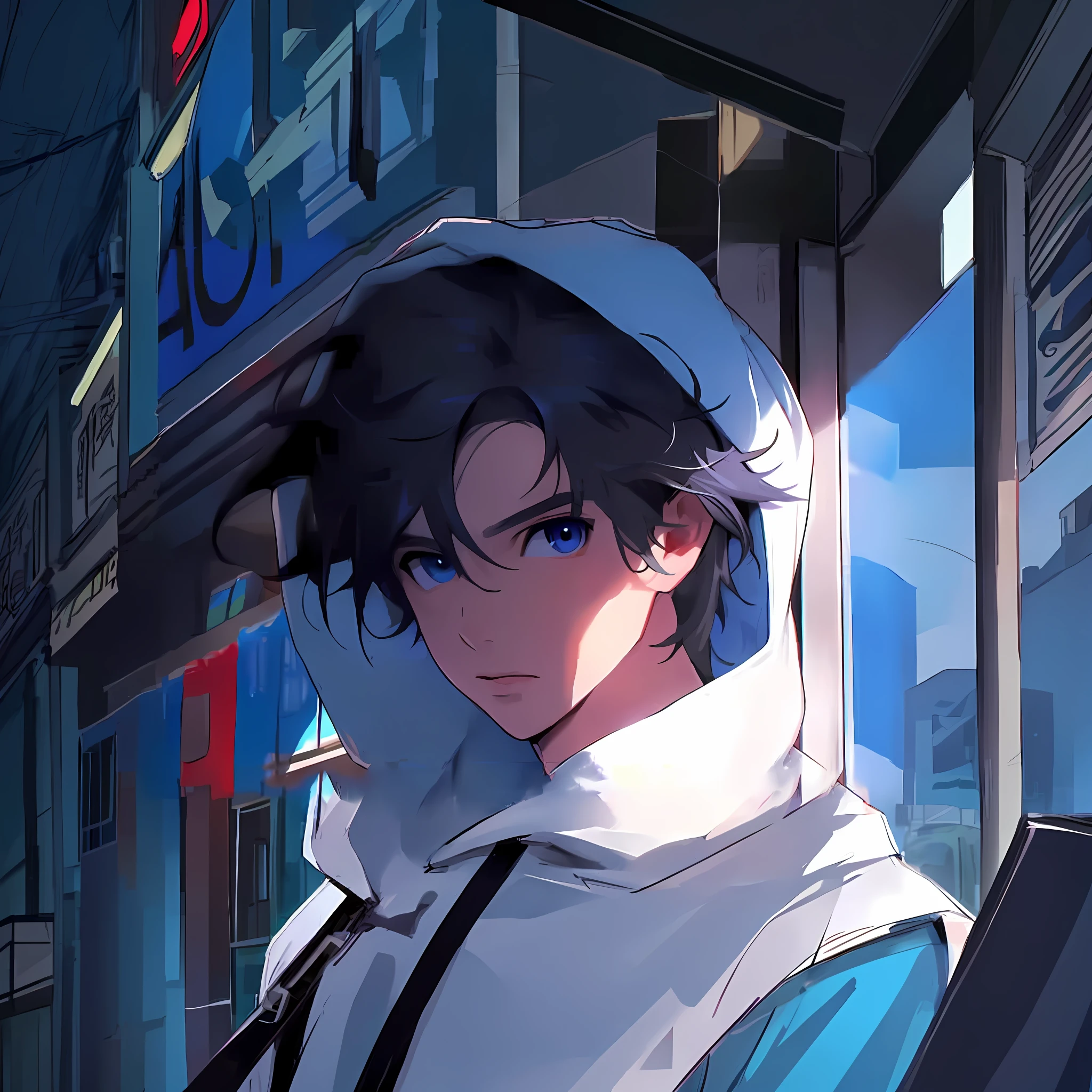 anime character with a hoodie on in front of a store, tall anime guy with blue eyes, anime handsome man, anime boy, young anime man, male anime style, high quality anime artstyle, anime moe artstyle, male anime character, handsome guy in demon slayer art, handsome anime pose, clear blue eyes, artwork in the style of guweiz
