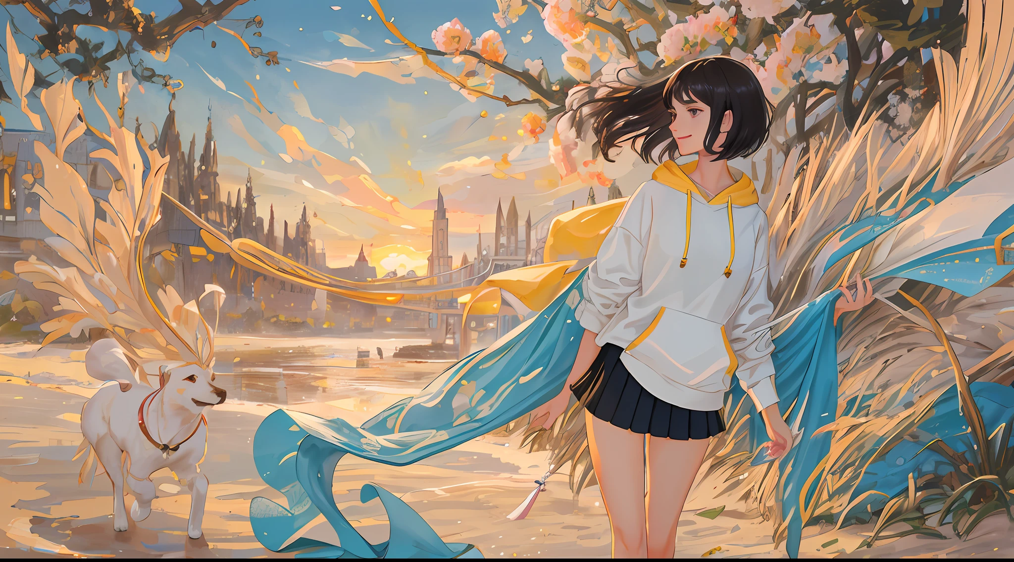 (Masterpiece), (Best Quality), (Super Detailed), (Well-groomed Hair), (Illustration), (1 Girl), (Interview), (Brief Background), Beautiful Detailed Eyes, Delicate Beautiful Face, Floating, (High Saturation), (Shine), Black Hair,, Impressive, Short Hair, Girl, Maiden in Love, pixiv Illustration, Best Quality, Super Detail, Beautiful Face, 8K, Park, Retrospective, Neat, Best Image Quality, Very Beautiful, Moist beautiful big eyes, slender body, young, delicate and detailed eyes, blushing cheeks, cheerful, walking with dog, sand, smile, walking with a large thigh, profile, smile, hoodie, skip, mini skirt, mainly girl, super delicate, supreme delicate