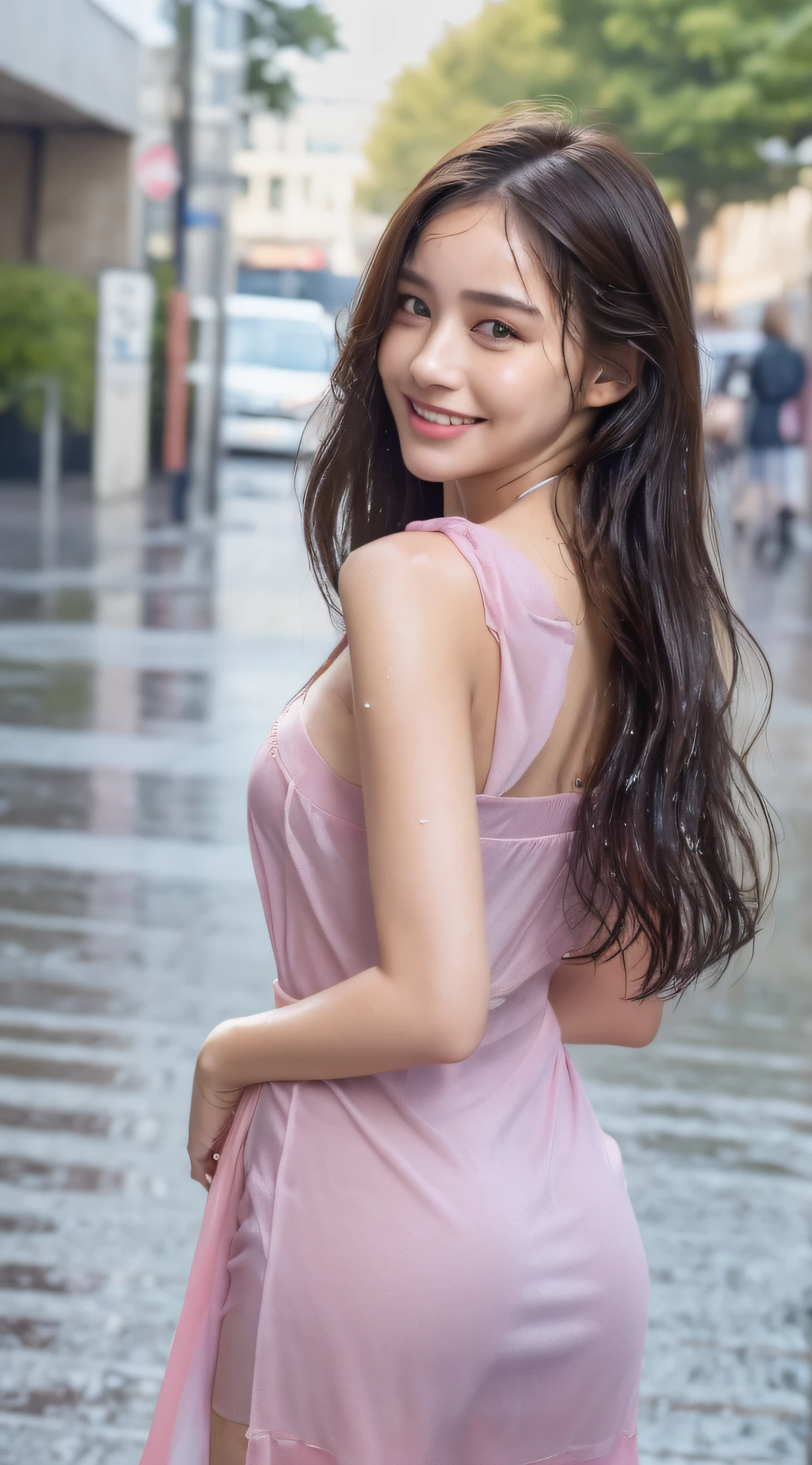 ((Best Quality, 8k, Masterpiece:1.3)), Focus: 1.2, Perfect Body Beauty: 1.4, Buttocks: 1.2, ((Long Hair)), (Wet Clothes:1.1) , (Rain, Street:1.3), Pink bandeau dress: 1.1, Highly detailed face and skin texture, Detailed eyes, Double eyelids, buttocks, Whitened skin, smile