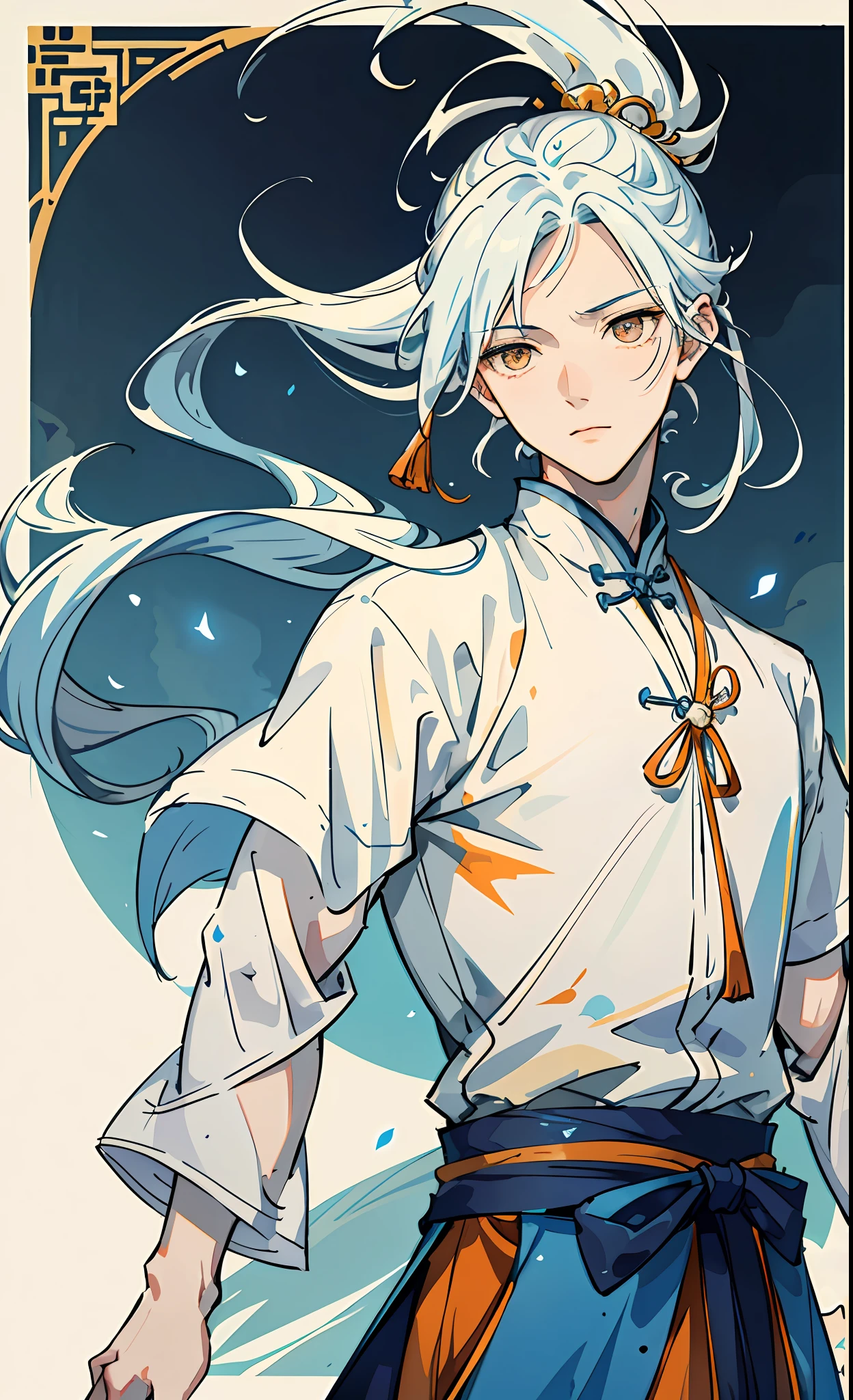 Gentle boy, orange eyes, blue and white hair color, floating hair, delicate and flexible eyes, intricate damask Hanfu, frontal portrait shot, masterpiece, ancient Chinese architecture, blue sky