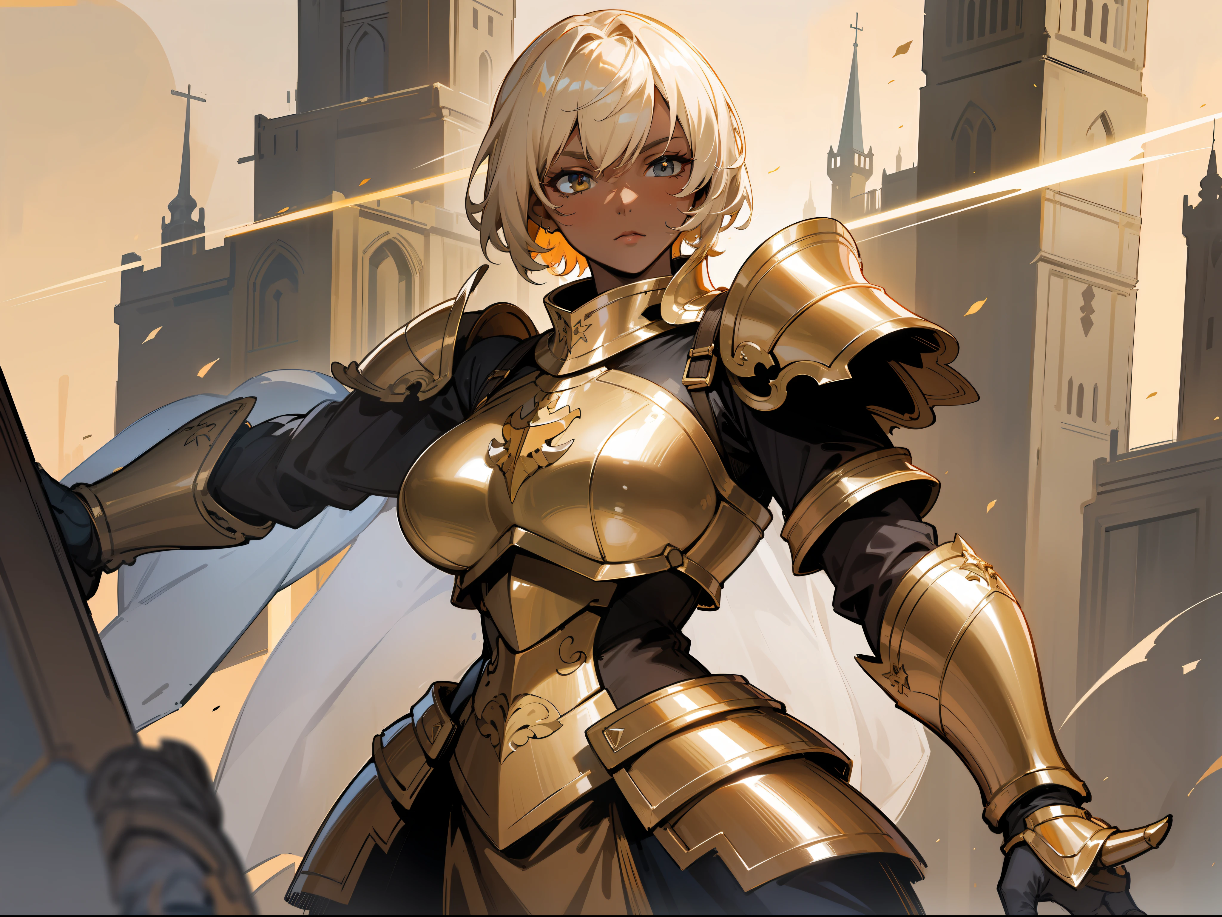 masterpiece, best quality, mature woman, light beige short hair, dark skin, light eyes, paladin, orange golden heavy armor, breastplate, large shoulder pads, fantasy, medieval, in a battle arena, dynamic pose, beautiful detailed glow.