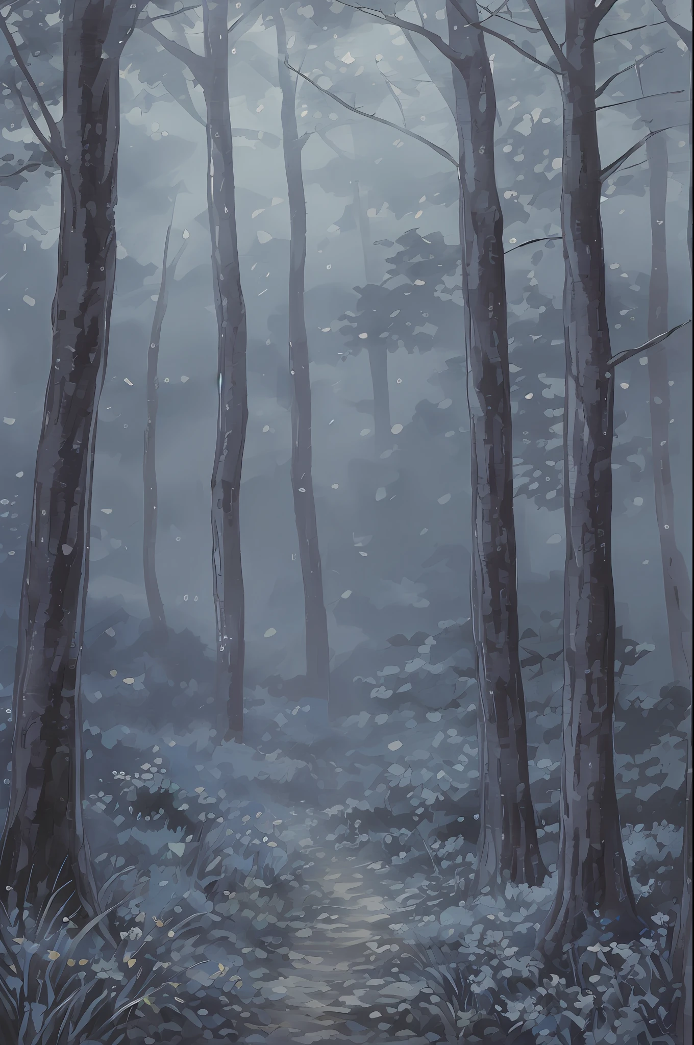((Painting style "Night" "Gray blue") "Clearing" | woods"), the lighting is "dark", the sense of fog is obvious, and the "sense of atmosphere" effect is prominent. Top-down view, ground,