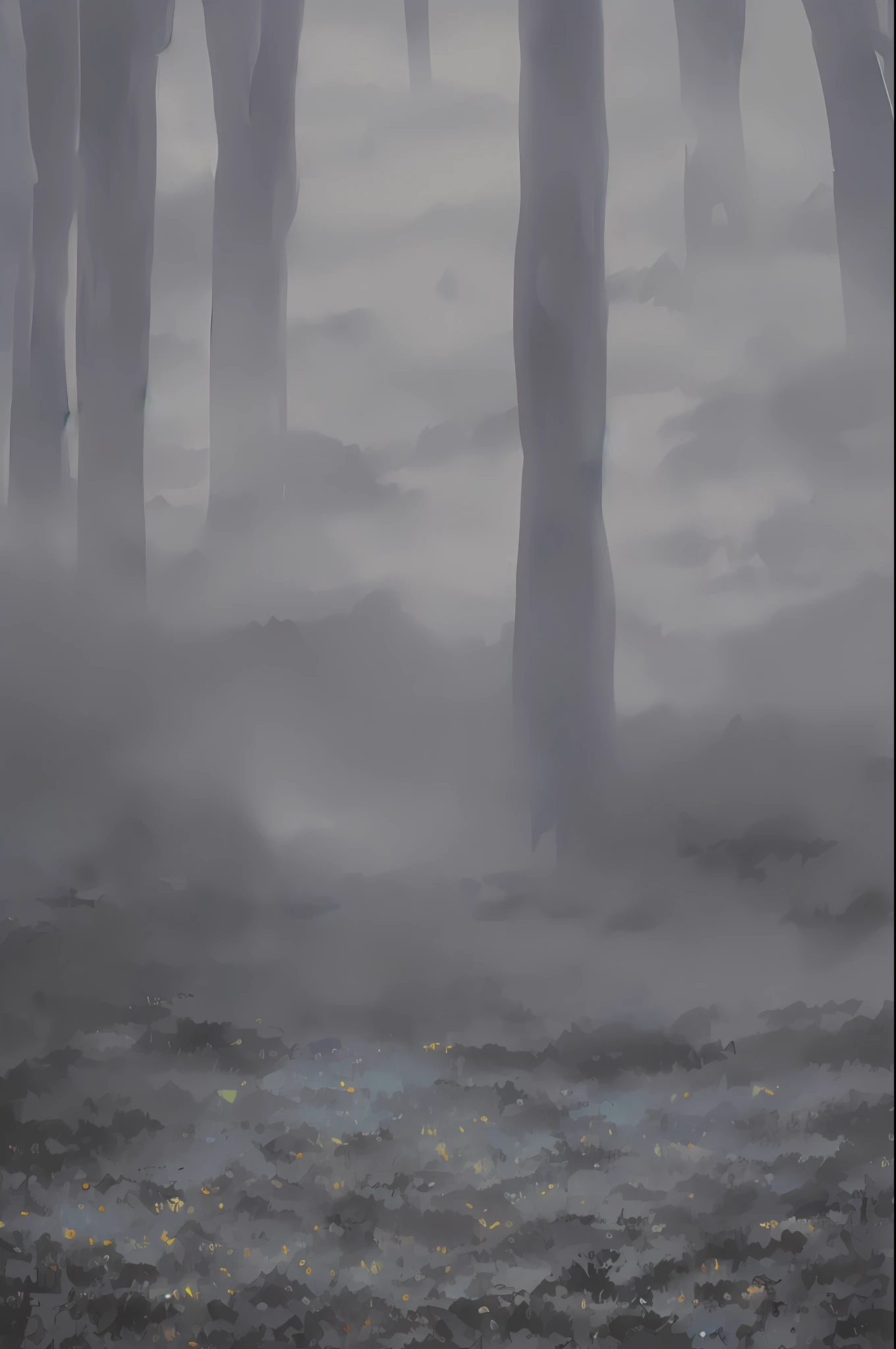 ((Painting style "Night" "Gray blue") "Clearing" | woods"), the lighting is "dark", the sense of fog is obvious, and the "sense of atmosphere" effect is prominent. Top-down view, ground,