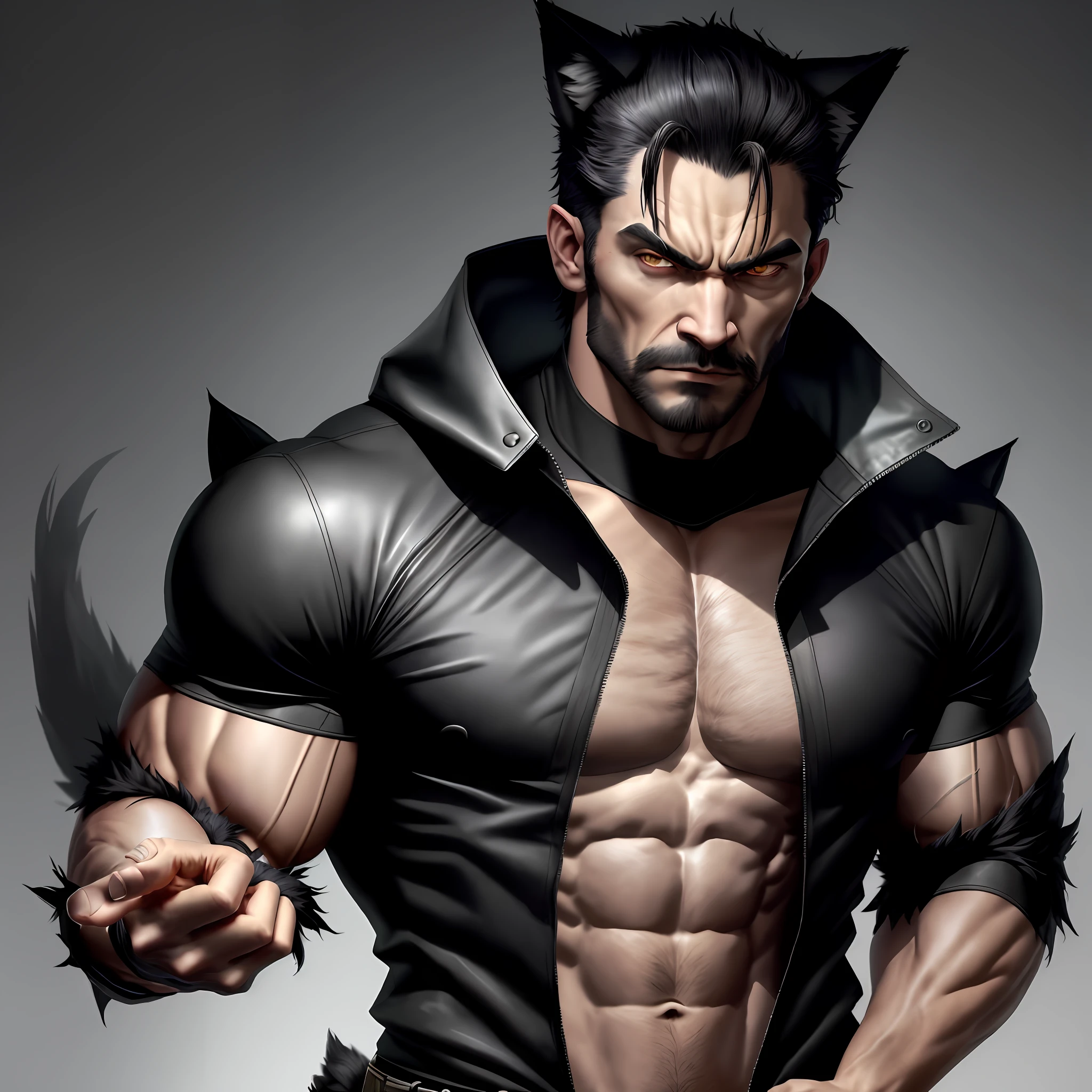 Man, with wolf ears, strong and muscular, villainous, a dark tone, wearing black bear skins as clothing, a cicatris one over one of the eyes,
