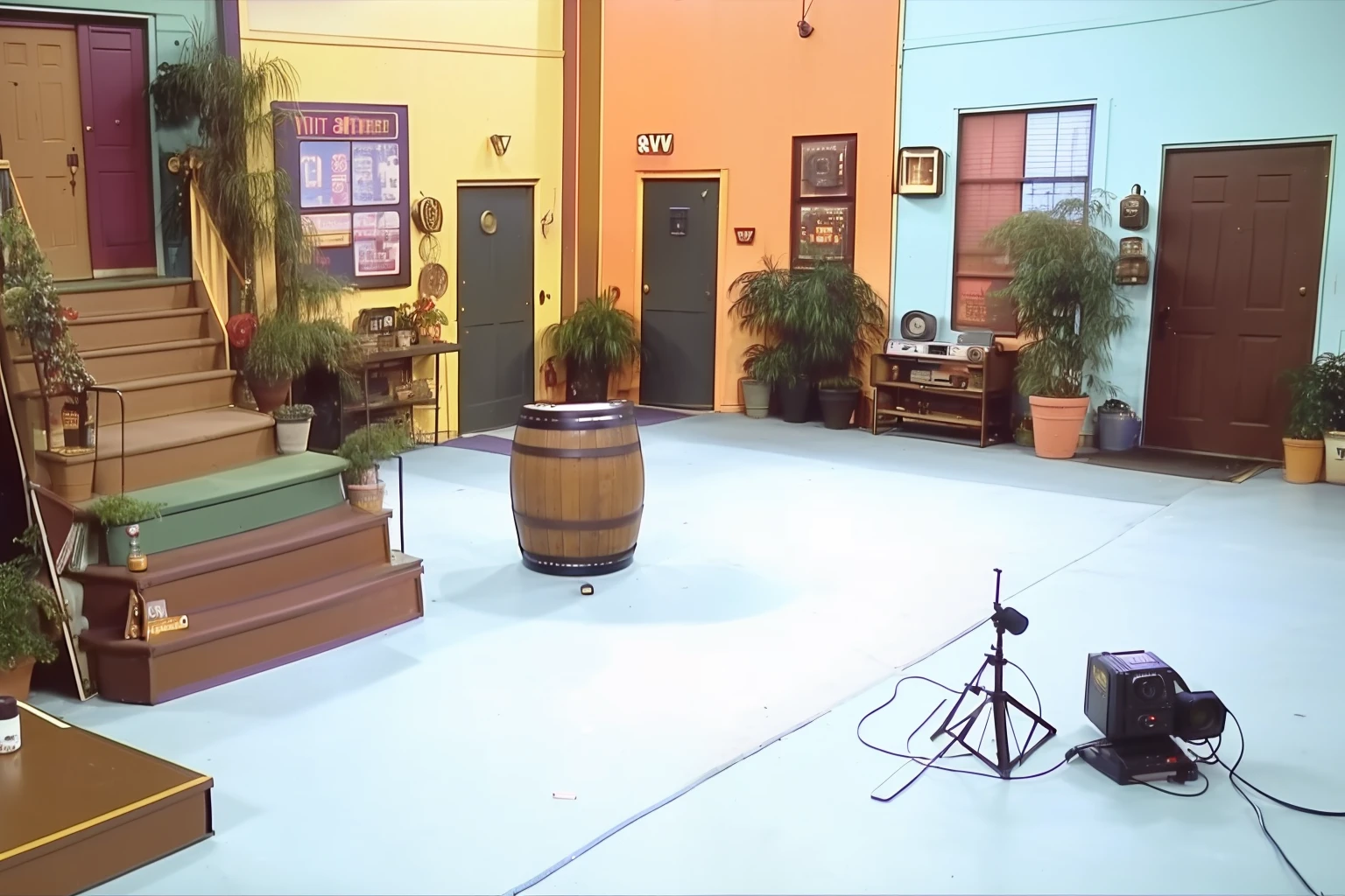 (((vhs screengrab, shot on a broadcast camera, a live-action 80’s sitcom))) like an 80's sitcom Scenario, with a barrel in the center, no people, Reference: friends, Seinfeld, Full house.
