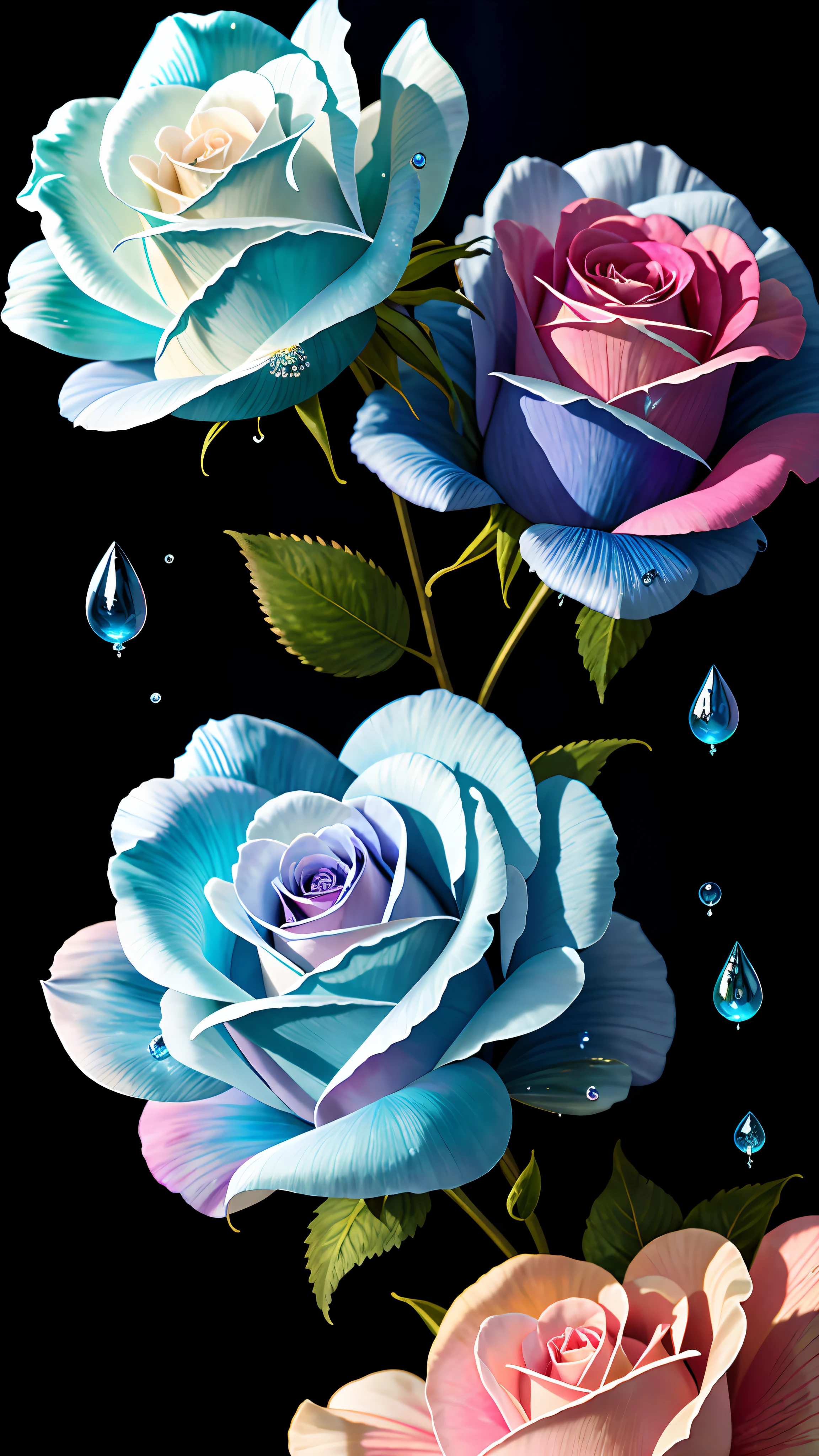 Ultra-transparent gradient blue and pink rose flowers, petals and peduncles covered with water droplets, shining and shimmering under the light of holy light, covered with water droplets. The background drips transparently in the dark and the reflected light is bright, and the light flows into the picture, bringing an optical wonder. The composition is delicate, and the light flows artistically through the picture. Pearl tones are harmoniously matched with the silver vapor guardian cloud, and the whole picture is surrounded by a family of corrosive enveloping rays. At 8K resolution, this work brings a different visual enjoyment, which is amazing.