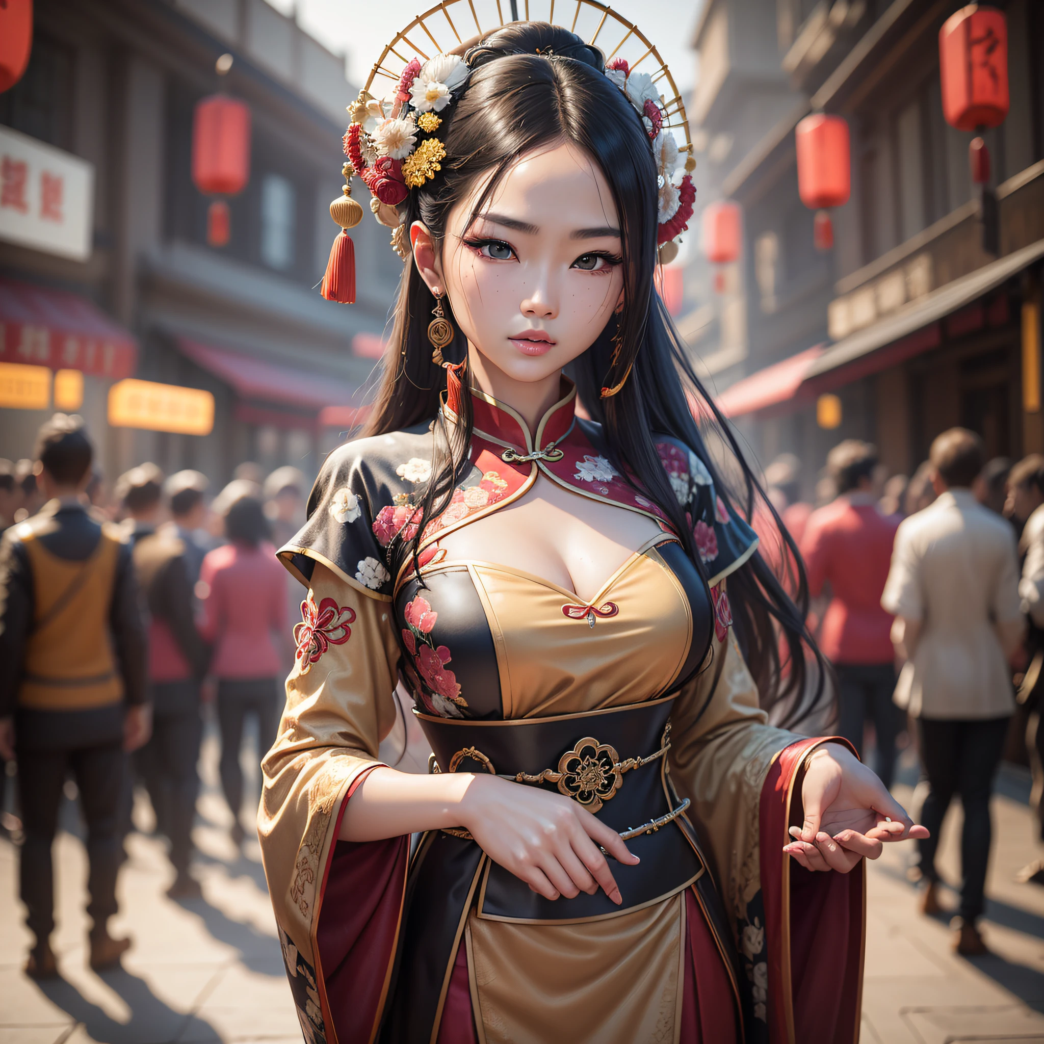 Hyperrealism A Chinese model dressed in Tang Dynasty costume stands against the backdrop of a bustling cityscape, colorful and dreamy and surreal. Shot with an ultra-wide-angle lens, U HD textured skin and high detail, cinematic lighting and moles under the eyes. 16 k resolution for best quality. D rendering, oc rendering, best quality, bright, front light, face shot, fine gloss, ultra destaining ,-- aspect 4:3 --auto --s2