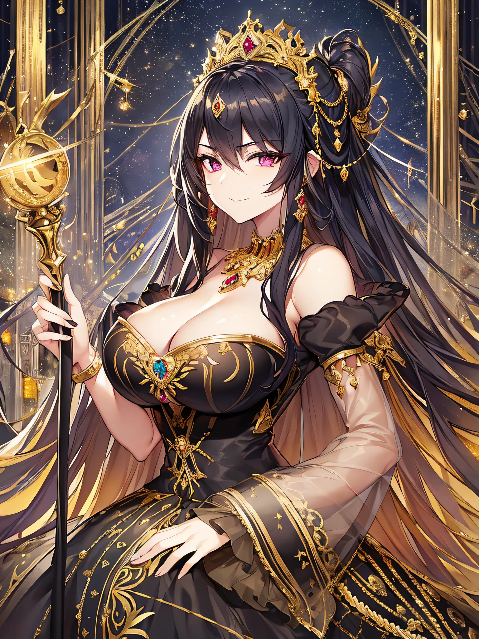 ((anime moe artstyle)),((Masterpiece)), (Best Quality), (Super Detail), Illustration, (((Very Delicate and Beautiful))),Dynamic Angle,Looking at viewer,((((Solo)))),(((Full body))),(((1 arrogant empress in gorgeous black ball gown))),((holding a scepter in one hand)),(standing),dominant pose,(arrogant),(((haughty smile))),(Purple eyes),Sharp eyes,Detailed Face, Long Eyelashes,Jet Black Hair,Straight Hair,((Very Long Hair)),Bangs between eyes,((((gigantic breasts)))),cleavage,((skindentation)),curvy,off shoulder,See-through,(gorgeous embroidered ruffled black and gold rococo ball gown),(fluffy rococo ball gown with gorgeous embroidery),((gold trim)),(((hoop skirt))),long skirt,corset,crinoline,opera gloves,Beautifully Gorgeous jeweled big tiara,Beautifully Gorgeous gem earrings,Beautifully Gorgeous jeweled necklace,Beautifully Gorgeous jeweled ornaments,indoor,light particles,royal palace,