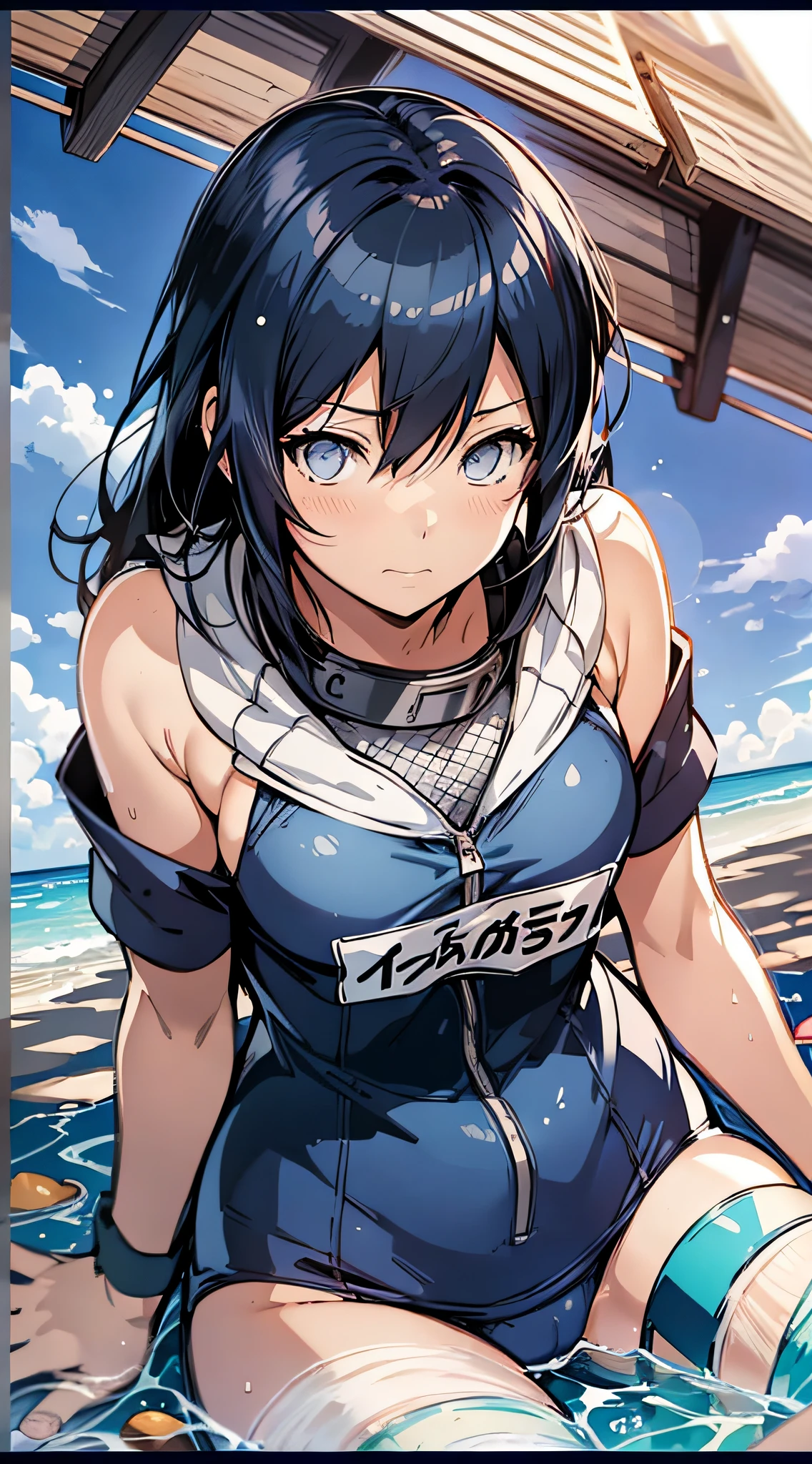 Red school swimsuit anime girl sitting on the beach, beautiful anime girl, Makoto Shinkai and artgerm, charming anime girl, (anime girl), Kantai collection style, (school swimsuit), small, Makoto Shinkai art style, beautiful anime woman, marine Kitagawa fan art, high quality anime art style, cute anime girl, 4K Manga Wallpapers