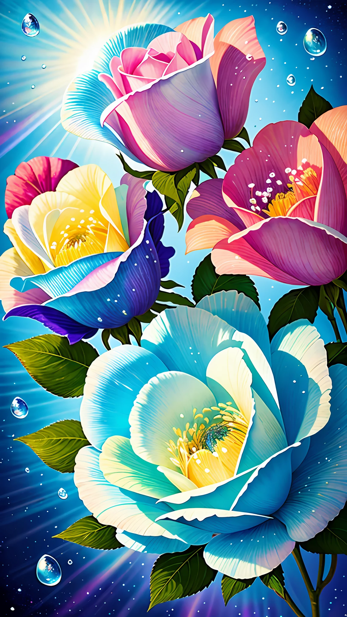Ultra-transparent gradient blue and pink rose flowers, petals and peduncles covered with water droplets, shining and shimmering under the light of holy light, covered with water droplets. The background under the sun drips transparently and reflects brightly, and the light flows into the frame, bringing an optically wonderful effect. The composition is delicate, and the light flows artistically through the picture. Pearl tones are harmoniously matched with the silver vapor guardian cloud, and the whole picture is surrounded by a family of corrosive enveloping rays. At 8K resolution, this work brings a different visual enjoyment, which is amazing.