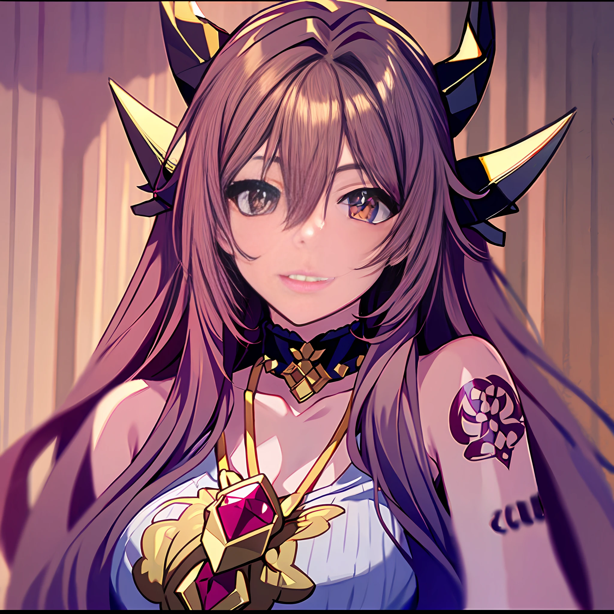 Adult female, long hair, shirt, golden eyes, vertical pupils, magic, tattoos, dragon horns, epic reality, necklace, 8K HD