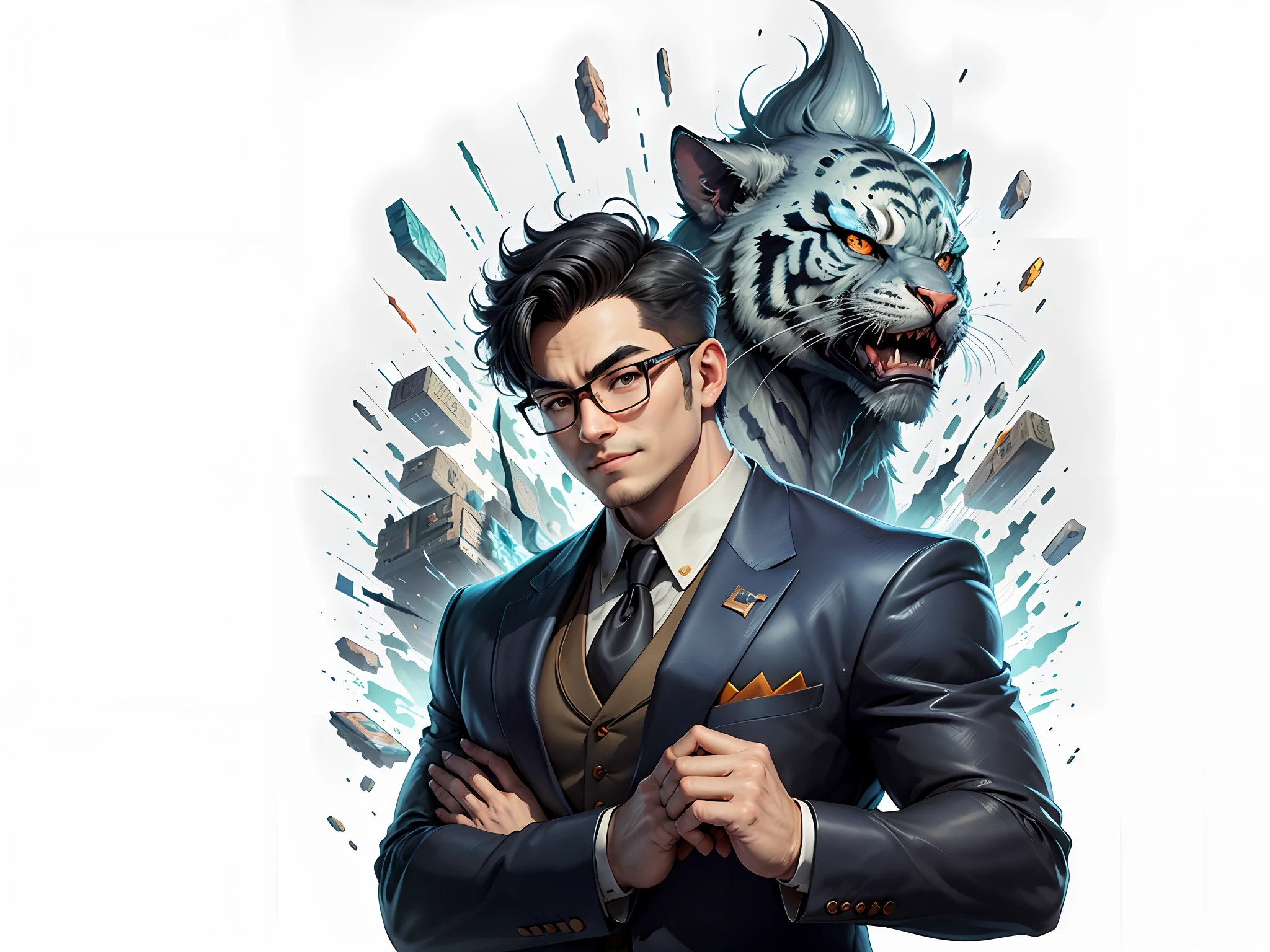 (Masterpiece), (Excellent), (Super Detailed), (Full Body: 1.2), Super Young Man, Oriental Face, Japanese Wind and Thunder, Dragon, Tiger, TV Anchor, Bust Portrait Illustration, Alone, Black Formal Suit, Blue Tie, Slightly Chubby Face, Silver Glasses, Very Clean Face, No Beard, Black Super Short Hair, Black Eyes, Confident Smile, 3c Computer Sub-Products, iPad, iPhone, Digital Painting, 3D Character Design by Akira Toriyama and Mark Claireden and Pixar and Hayao Miyazaki, The illustration is a high-definition illustration in 4K resolution with very detailed facial features and cartoon-style visuals.