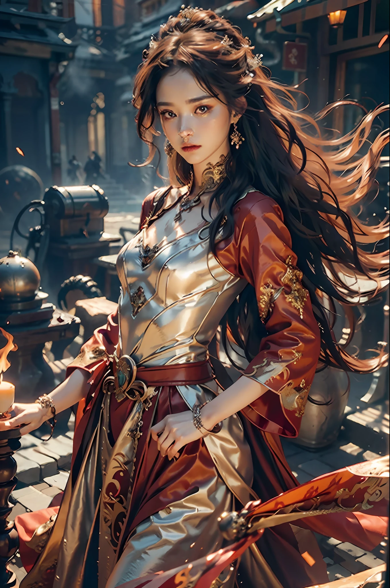 {{master piece}}, pinnacle rendering, realistic rendering, dark red rendering, metal rendering, {{color ink painting}}}, {{splash ink}}}, {{color}}, {{color}}, gorgeous rendering, best quality, illustration, flame, smoke, doomsday world, splash ink fire sea doomsday, full body, 1 girl, exquisite facial details, delicate facial features, fair face, beautiful detail eyes, deep pupils, broken city details, beautiful details long hair, Wavy hair, broken details street, transparent mechanical core, cyborg girl, detail, tight fit, lace finish, linear light costume retouching, light rendering, reflection, highlight, holy light, confidence, charm, battle stance detail close-up, fire day, {filigree}, colored background, a dragon stands behind the girl, sea of fire, {tornado special effects}, beautiful details red fairy costume (gentle, confident) large depth, depth of field, 360°Panorama screen, fierce and grand battle scenes, broken mirrors, fingers all hidden and not displayed, small mouth closed