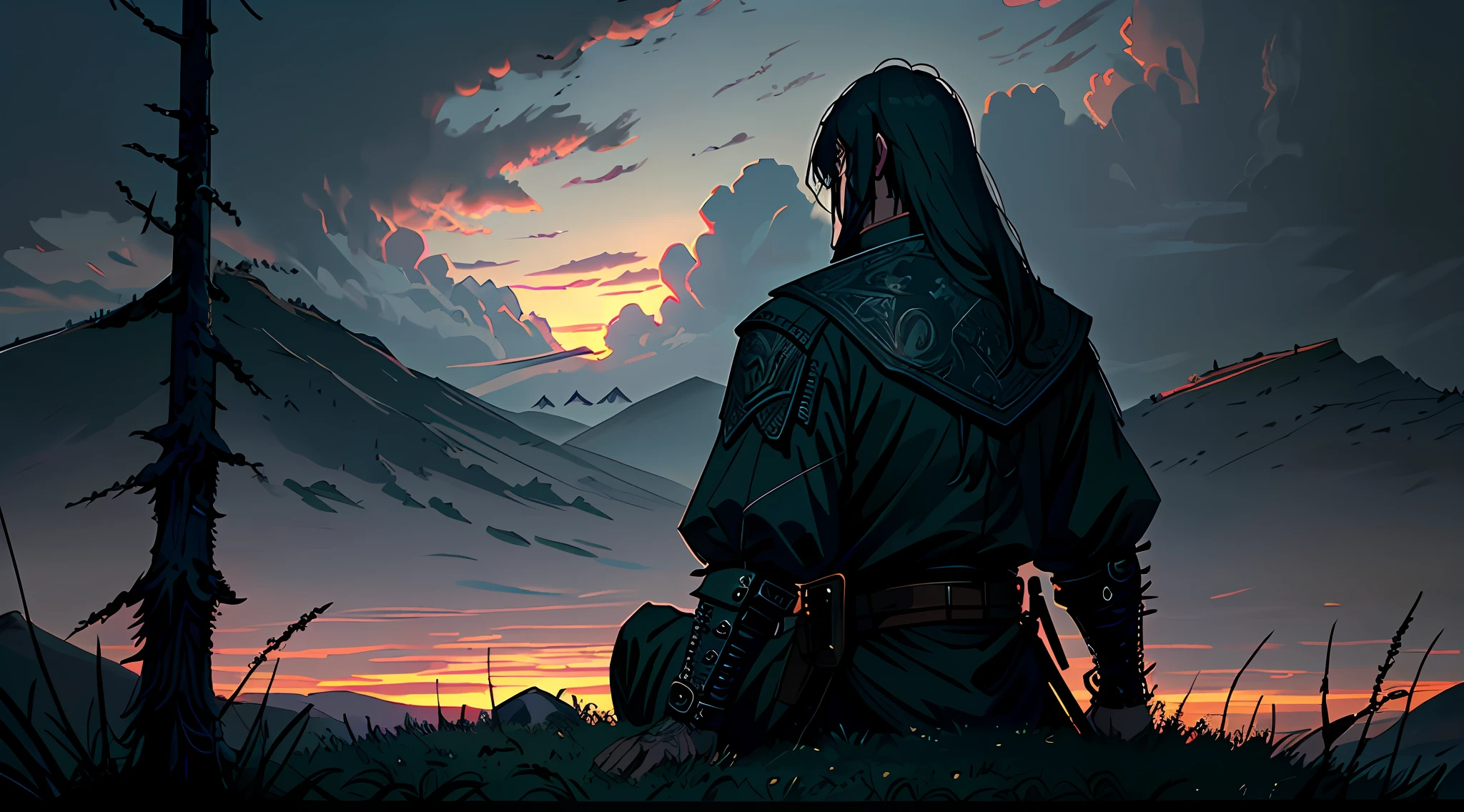 (8k unit wallpaper CG extremely detailed, masterpiece, best quality, ultra-detailed), (((solo)))), a Warlord on a hill looking at a kingdom, at dusk, (back view), leaves in the wind, (high details), (intricate details), intricate, sinister atmosphere, atmosphere of terror, incredible high details, highly detailed environment, illustrator, (masterpiece).