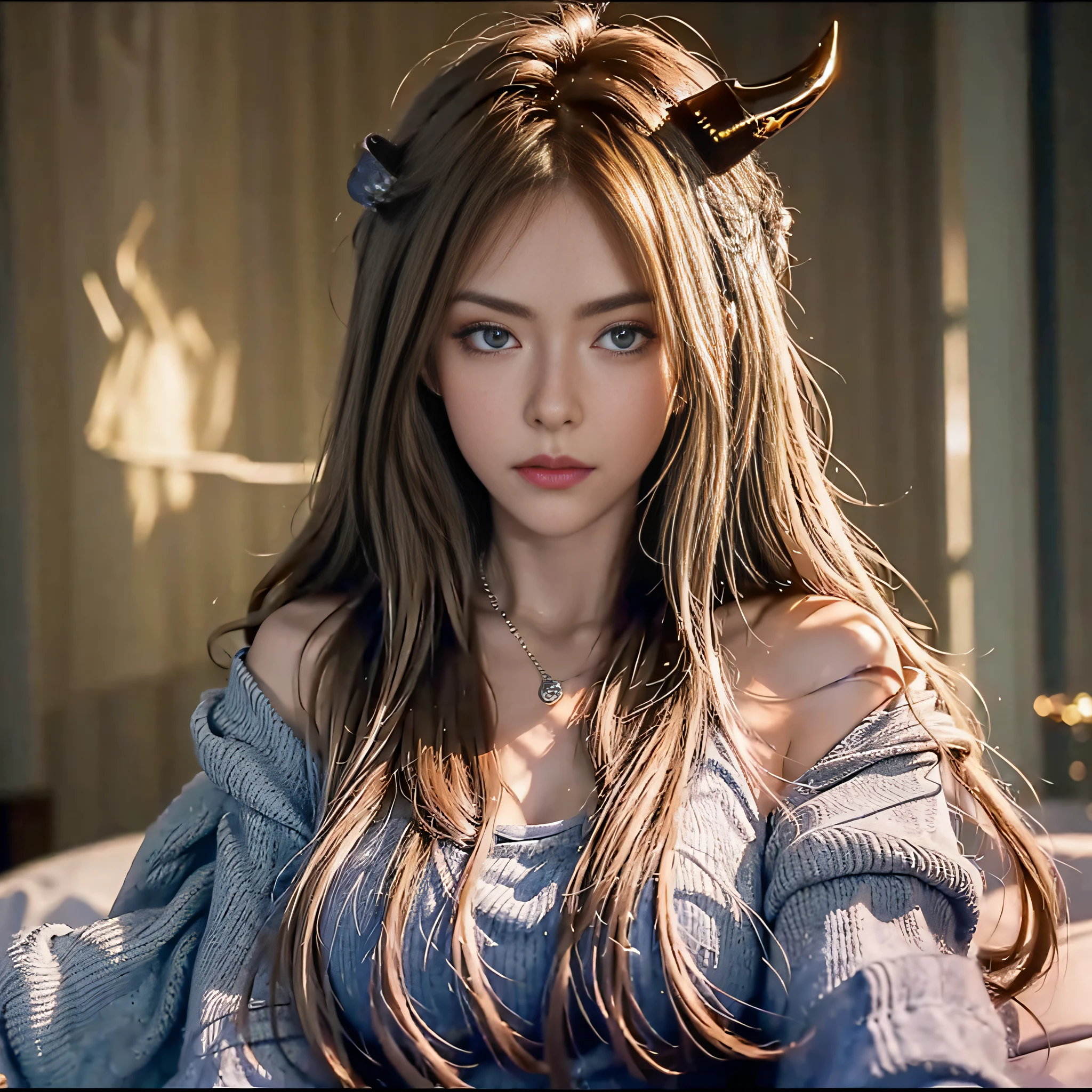Adult female, long hair, shirt, golden eyes, vertical pupils, magic, tattoos, dragon horns, epic reality, necklace, 8K HD