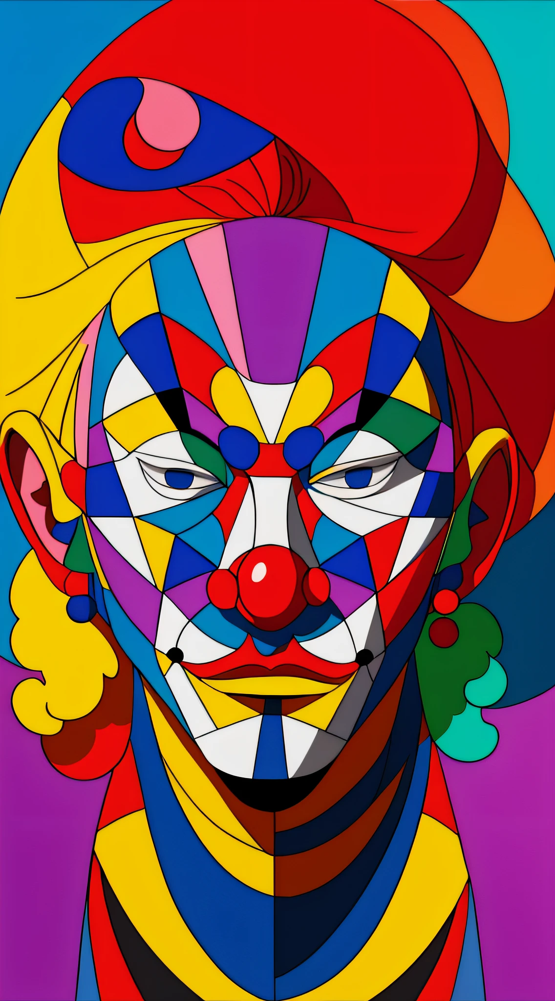 clown in geometric shape, cubist Picasso style, with detailed and colorful geometric shapes, red and large nose