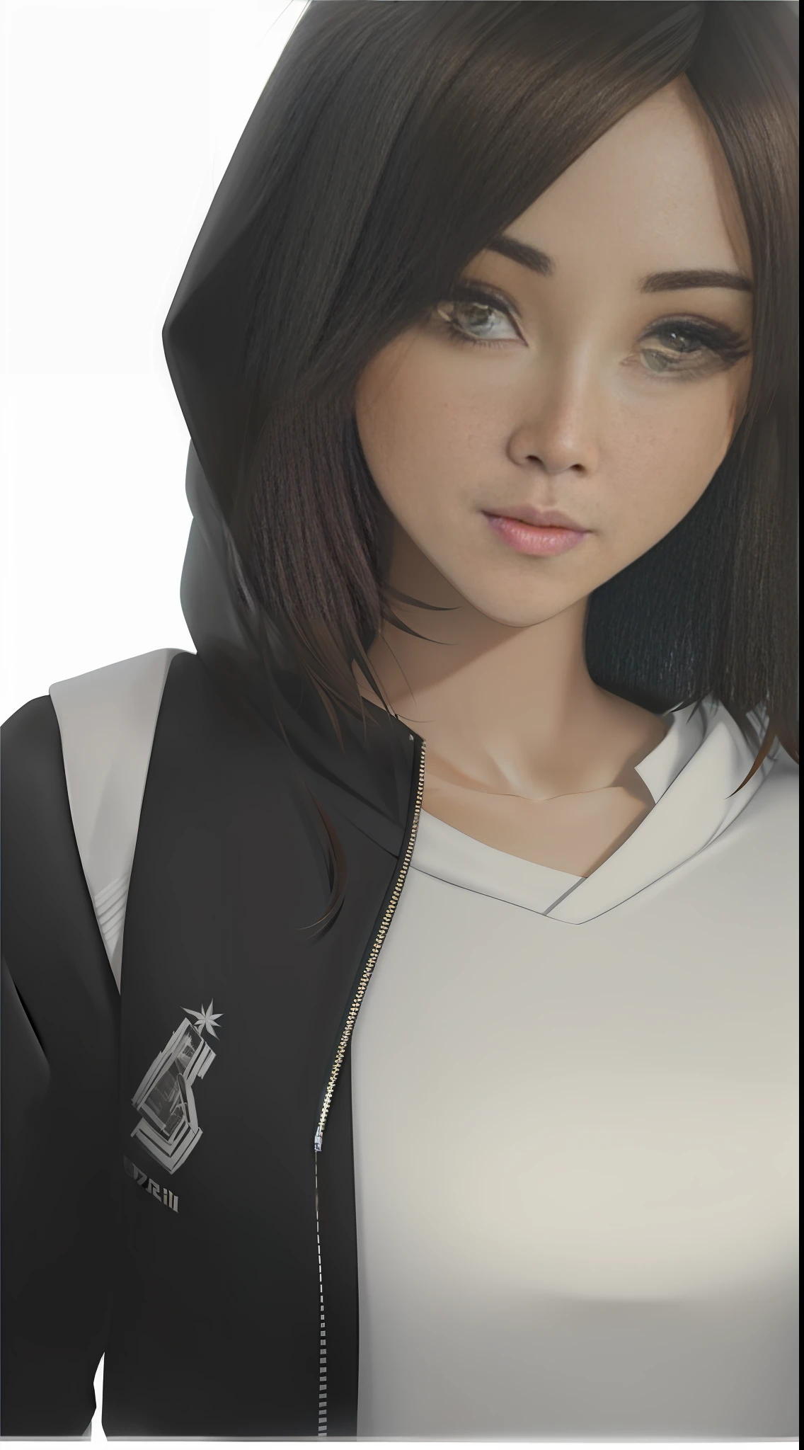 Masterpiece, HD, close-up of a woman in a black jacket and white shirt, brunette girl in hoodie, anime girl in real life, anime style, anime realistic style, Guweiz, realistic anime 3D style, cruel korean gothic girl, Gouviz style artwork, she faces the camera