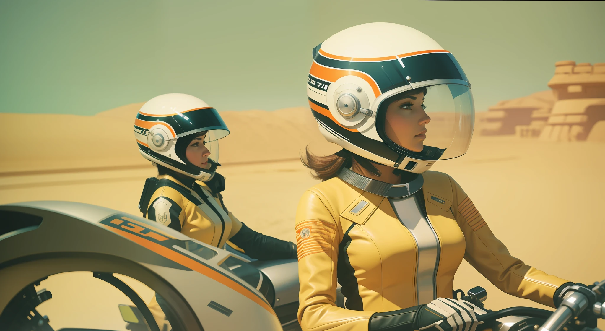 a woman wearing a helmet and sitting on a motorcycle, a detailed matte painting by Syd Mead, cgsociety, retrofuturism, ilya kuvshinov, futuristic, sci-fi