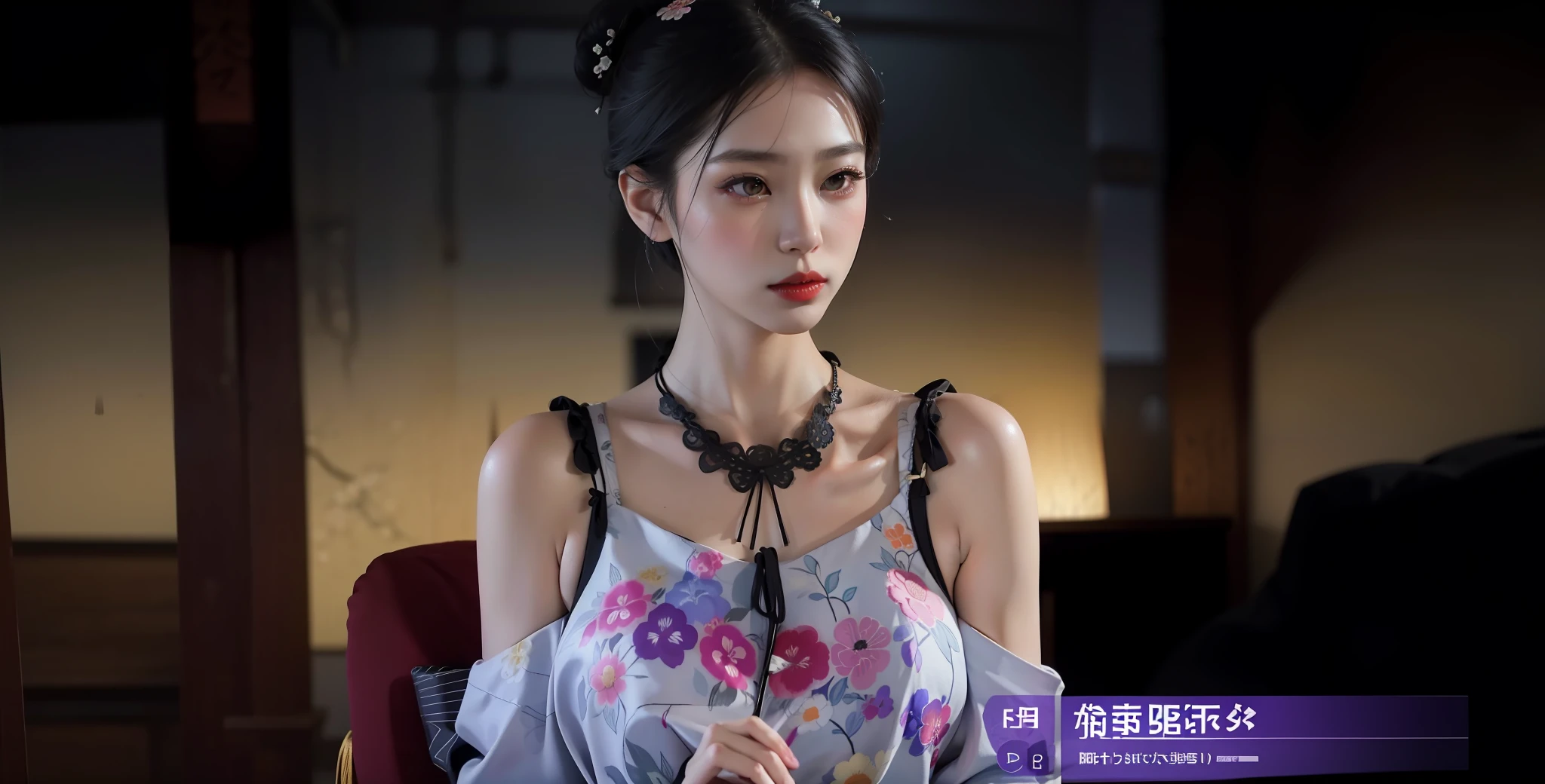 (black kimono:1.2),(japanese clothes:1.2),(floral print),(long sleeves),1 girl,full body,(short hair),(realistic:1.7),((best quality)),absurdres,(ultra high res),(photorealistic:1.6),photorealistic,octane render,(hyperrealistic:1.2), (photorealistic face:1.2), (8k), (4k), (Masterpiece),(realistic skin texture), (illustration, cinematic lighting,wallpaper),( beautiful eyes:1.2),((((perfect face)))),(cute),(standing),red lips, outdoors,(japanese style countryard),