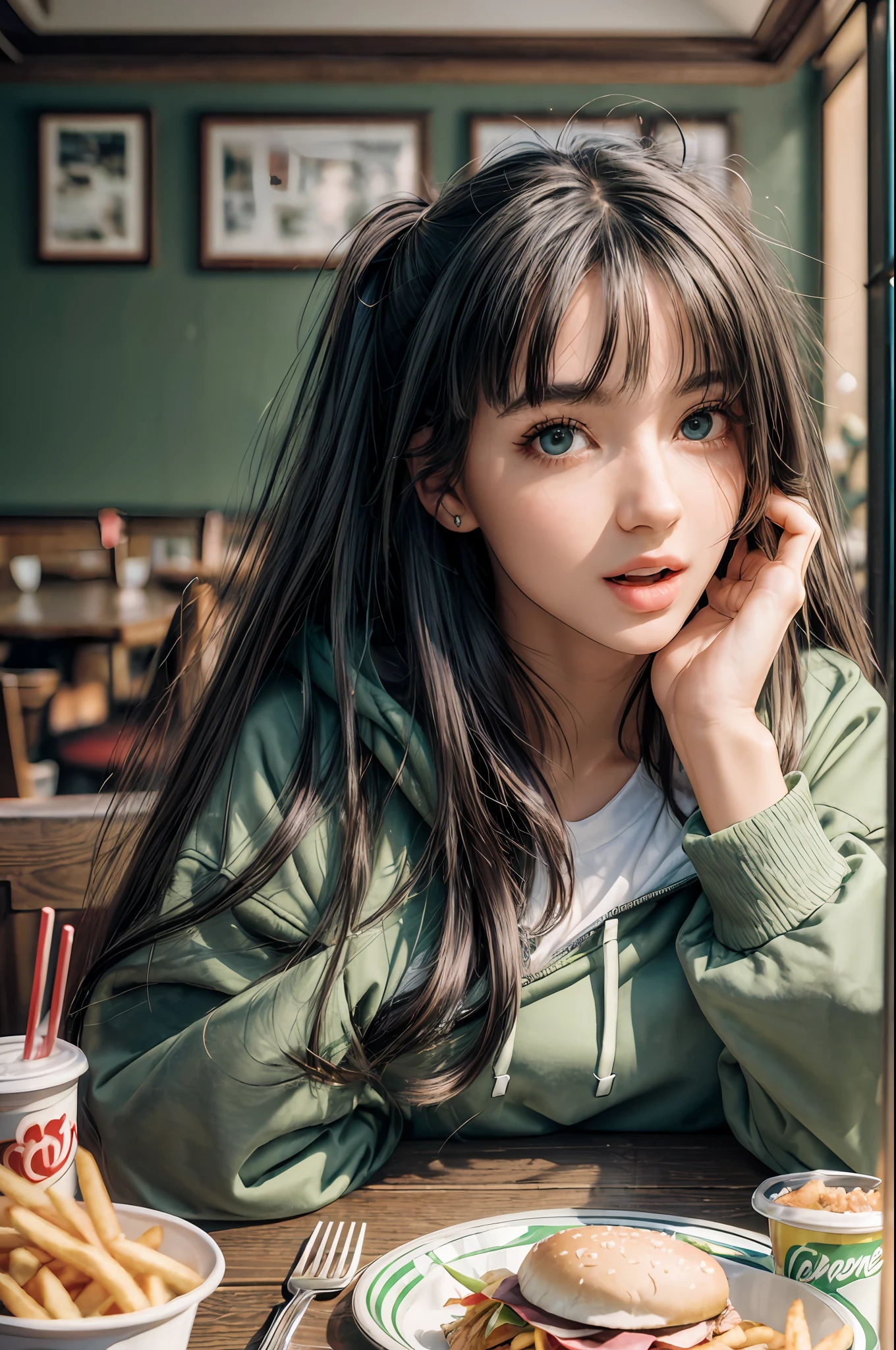((masterpiece,best quality,realistic)), 1girl, solo,pov,table, green eyes, black hair, two side up, long hair, hair over one eye,hoodie,open jacket,cropped jacket,contemporary,casual,open mouth,blush,happy,looking at viewer,burger, french fries,soda,sandwich,restaurant, indoors, pov across table