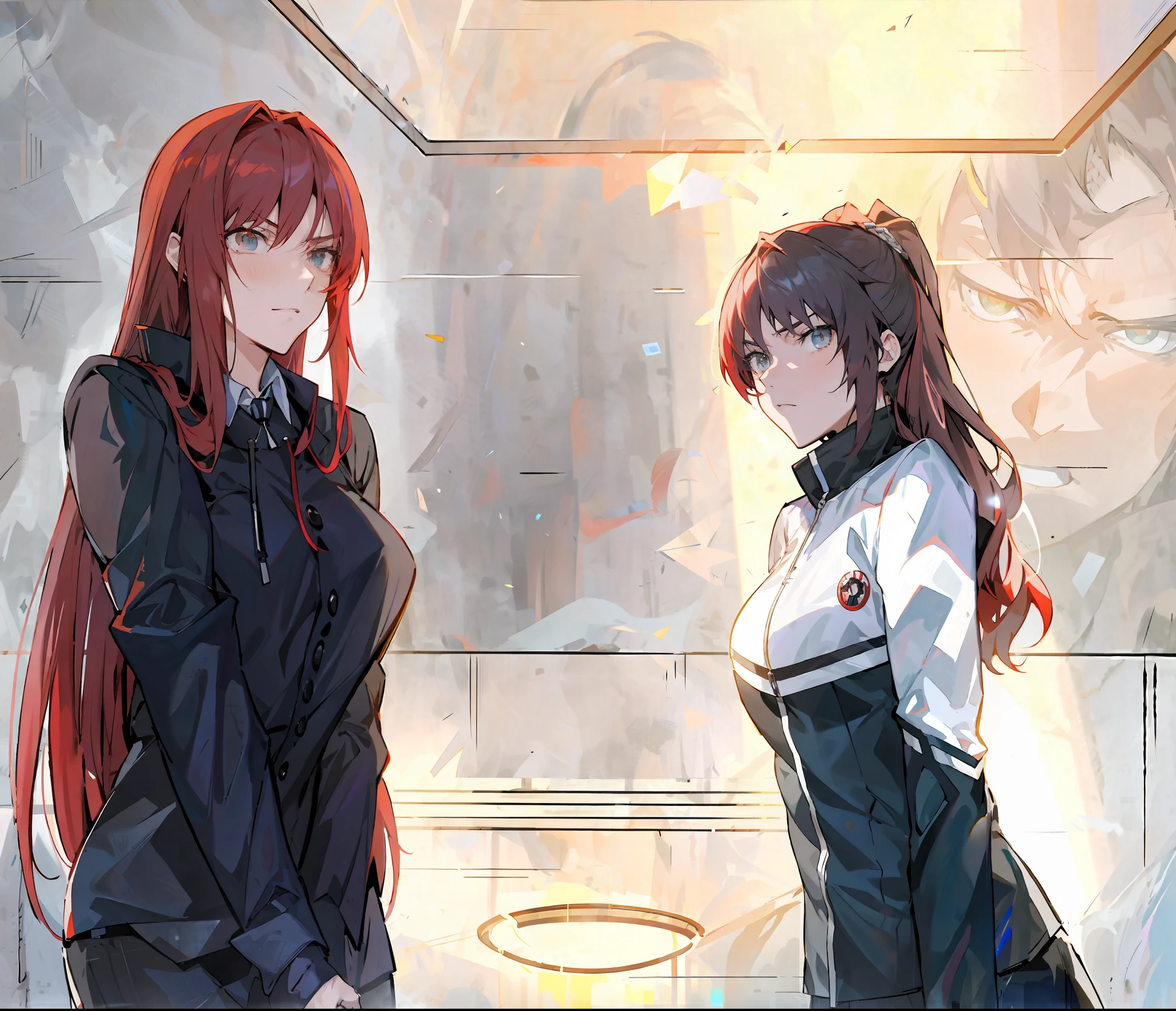 anime scene of a man and woman in a black suit and red hair, anime style like fate/stay night, anime fight, anime keyframe, holographic blade!, dancing in the background, scene!!, facing off in a duel, from girls frontline, ; visual novel, epic anime style, official anime still, visual novel cg, dramatic pose, anime style”