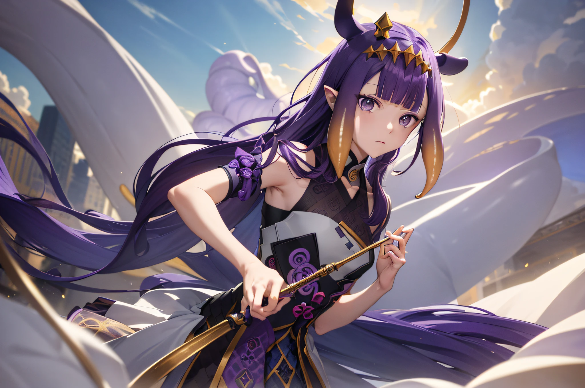 (人物: Ninomae Ina'Nis), {purple hair}, tentacle hair, purple eyes, a golden tiara, absurdres, highres, (official art, beautiful and aesthetic:1.2), close view,
shining sky, vast world, girl, gazing, awe-inspiring expression, distant horizon, clouds, high hill, natural beauty, inspiration, light effects,