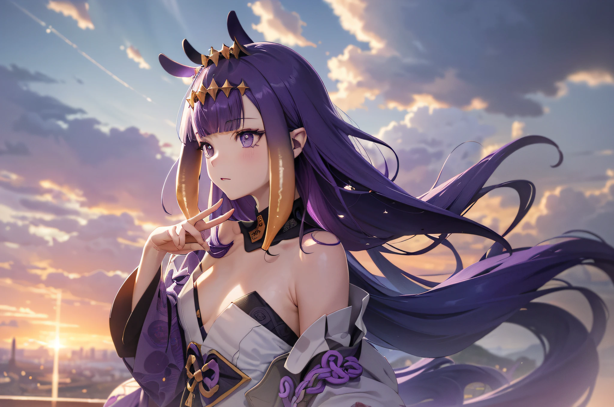 (人物: Ninomae Ina'Nis), {purple hair}, tentacle hair, purple eyes, a golden tiara,  absurdres, highres, (official art, beautiful and aesthetic:1.2), close view,
shining sky, vast world, girl, gazing, awe-inspiring expression, distant horizon, clouds, high hill, natural beauty, inspiration, light effects,