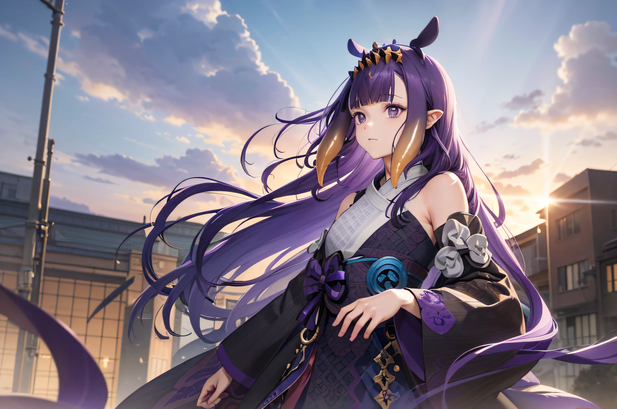 (人物: Ninomae Ina'Nis), {purple hair}, tentacle hair, purple eyes, a golden tiara, absurdres, highres, (official art, beautiful and aesthetic:1.2), close view,
shining sky, vast world, girl, gazing, awe-inspiring expression, distant horizon, clouds, high hill, natural beauty, inspiration, light effects,